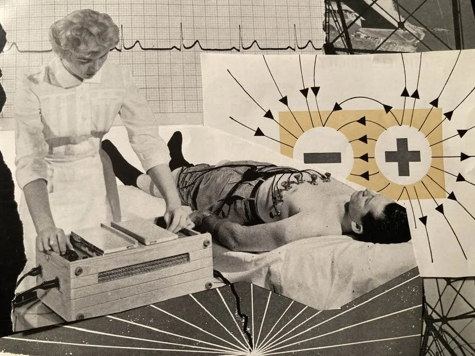 A nurse dress adjusts a machine whose electrodes are attached to a man’s chest. Behind him are a minus and plus sign within circles and rectangles. The larger background includes a graph of a heartbeat.