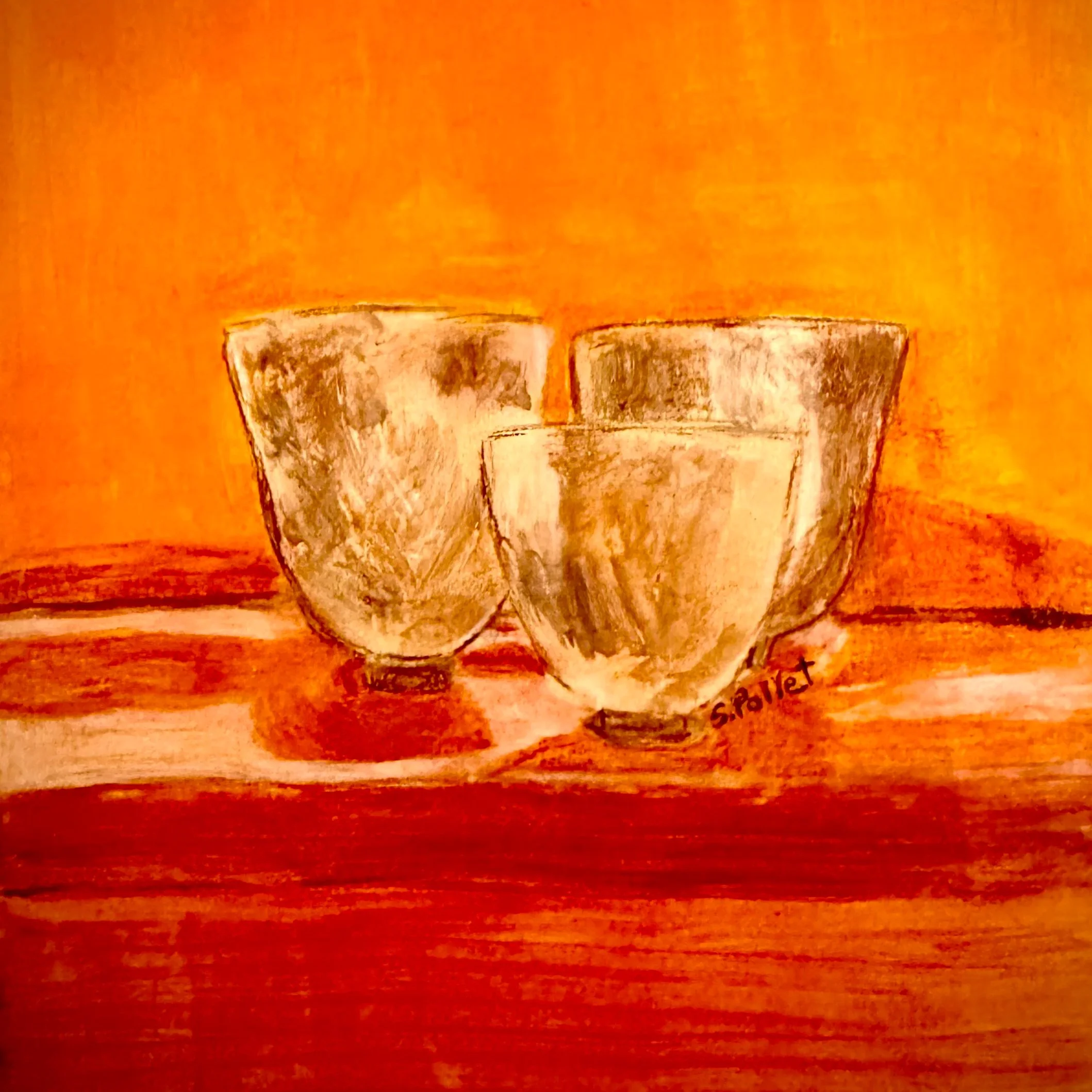 Painting depicts two larger cups with one smaller cup surrounded by warm shades of orange and burnt umbe