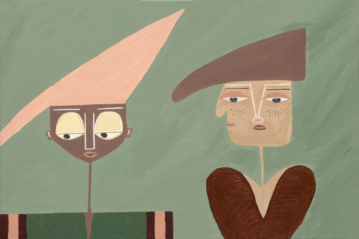 Two abstract figures against a green background. On the left, a slash of tan hair, with yellow eyelids and a green shirt. On the right, brown hair, freckles, and an extra nose and mouth facing left.