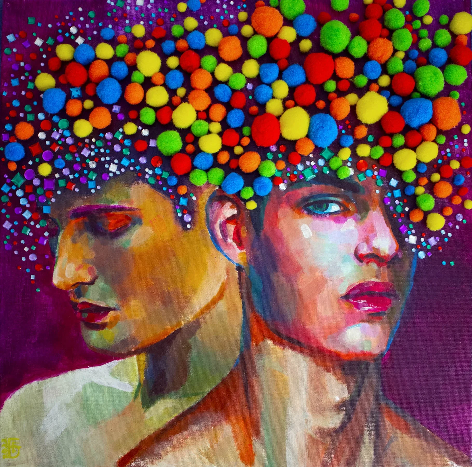 Two men’s faces are centered against a dark purple background. The one on the right looks out at the viewer, the one on the left looks down. Their hair is made of small, multi-colored crafting gemstones and pom-poms.