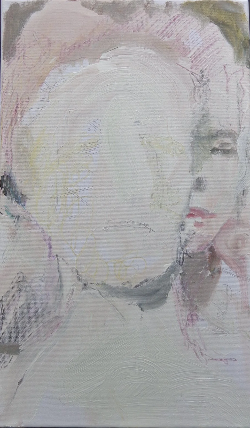 The foreground has a white abstract face and neck with red hair. Half of a woman’s face with red lips and her eyes closed is behind and to the right.