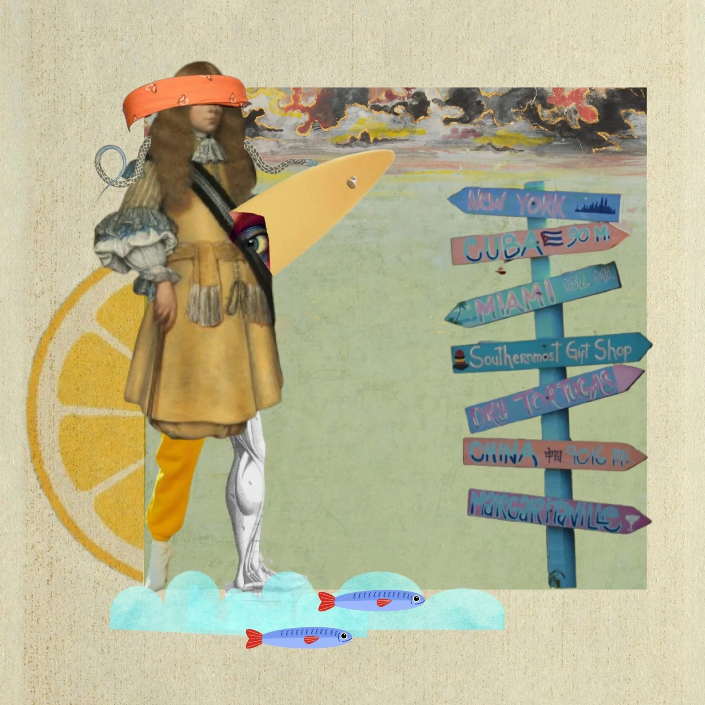 Collage of a person in a yellow dress holding a surfboard while standing in front of a post with multiple directional signs.