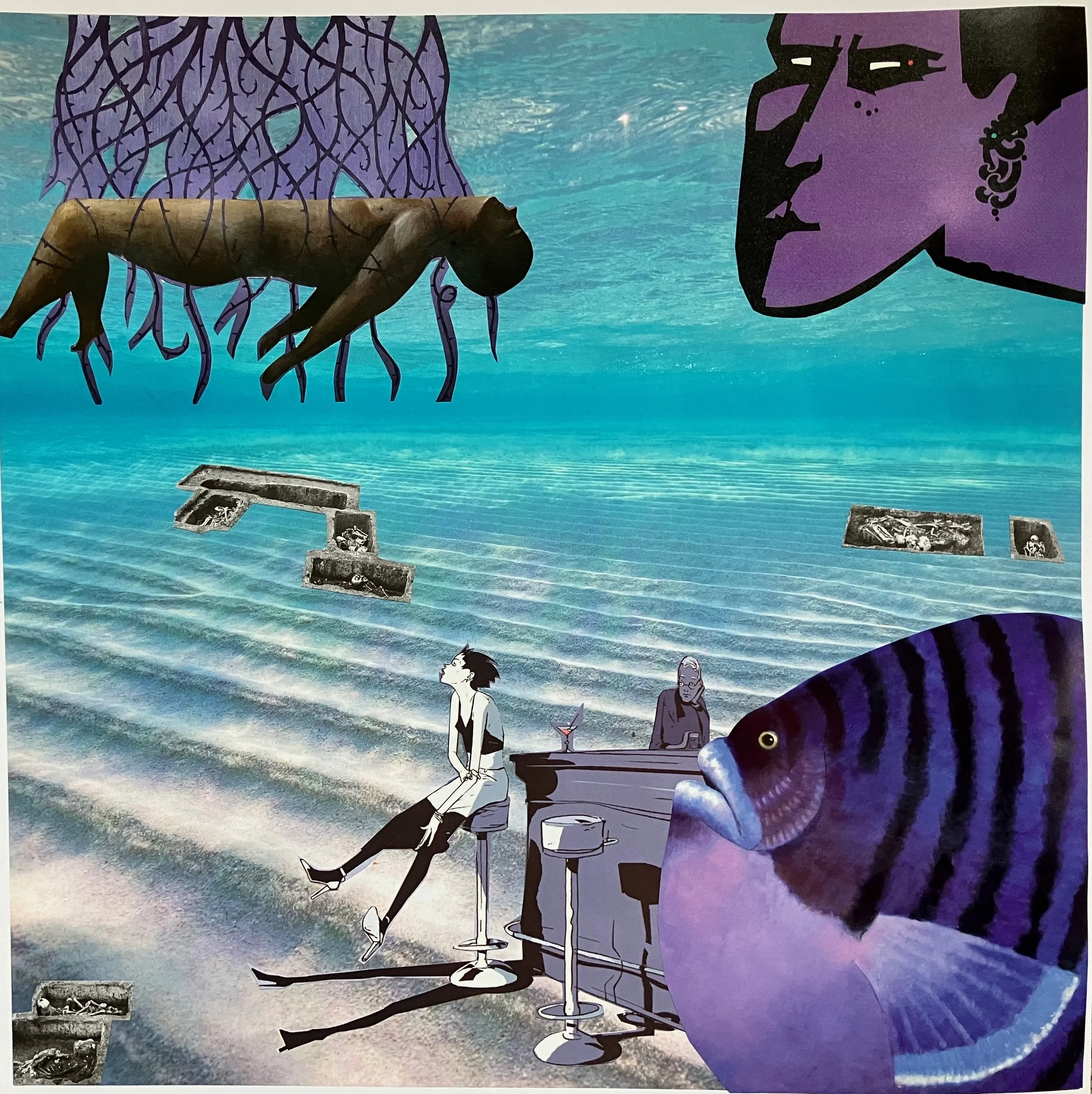 Illustration of an underwater bar with people and a large purple fish.