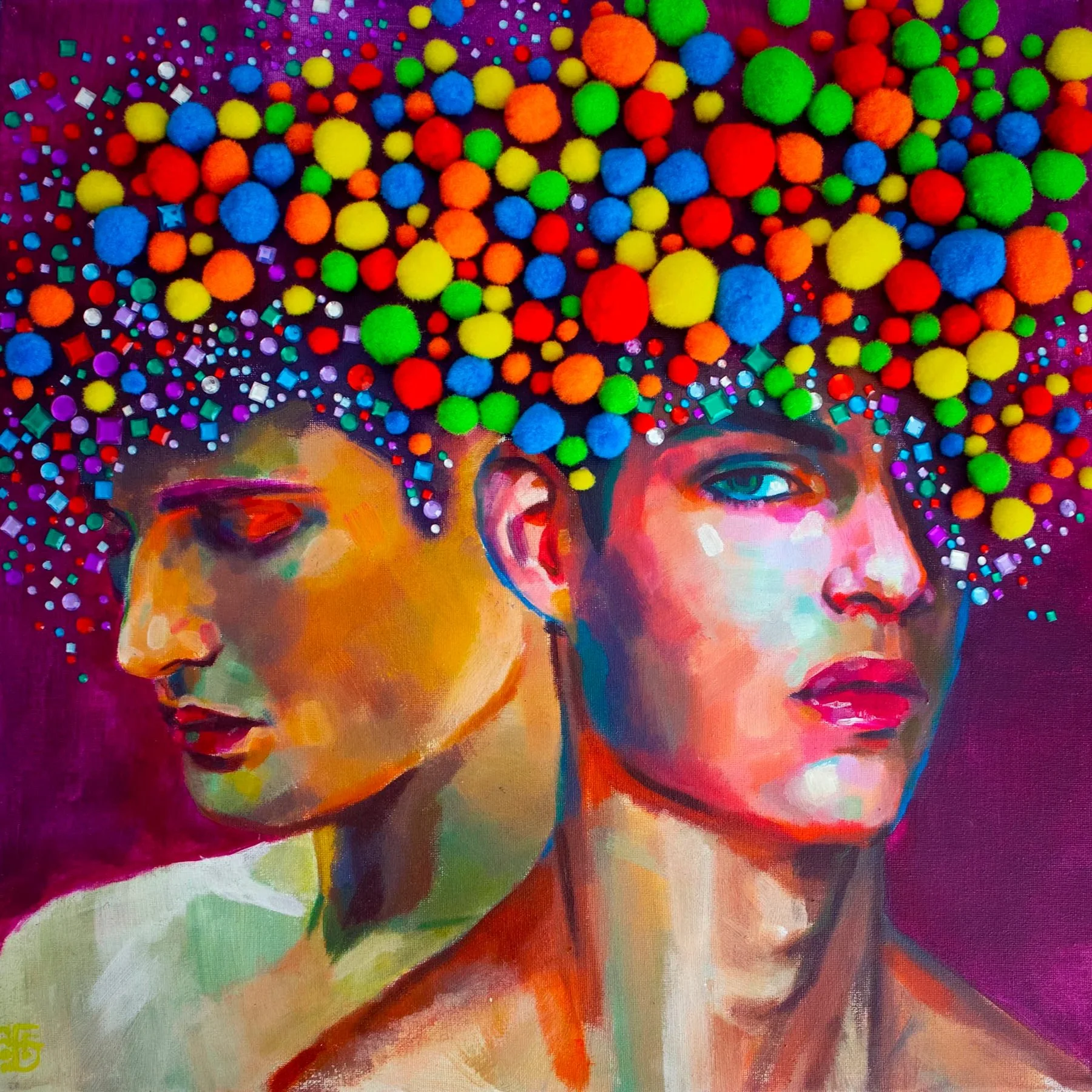 wo men’s faces are centered against a dark purple background. The one on the right looks out at the viewer, the one on the left looks down. Their hair is made of small, multi-colored crafting gemstones and pom-poms.