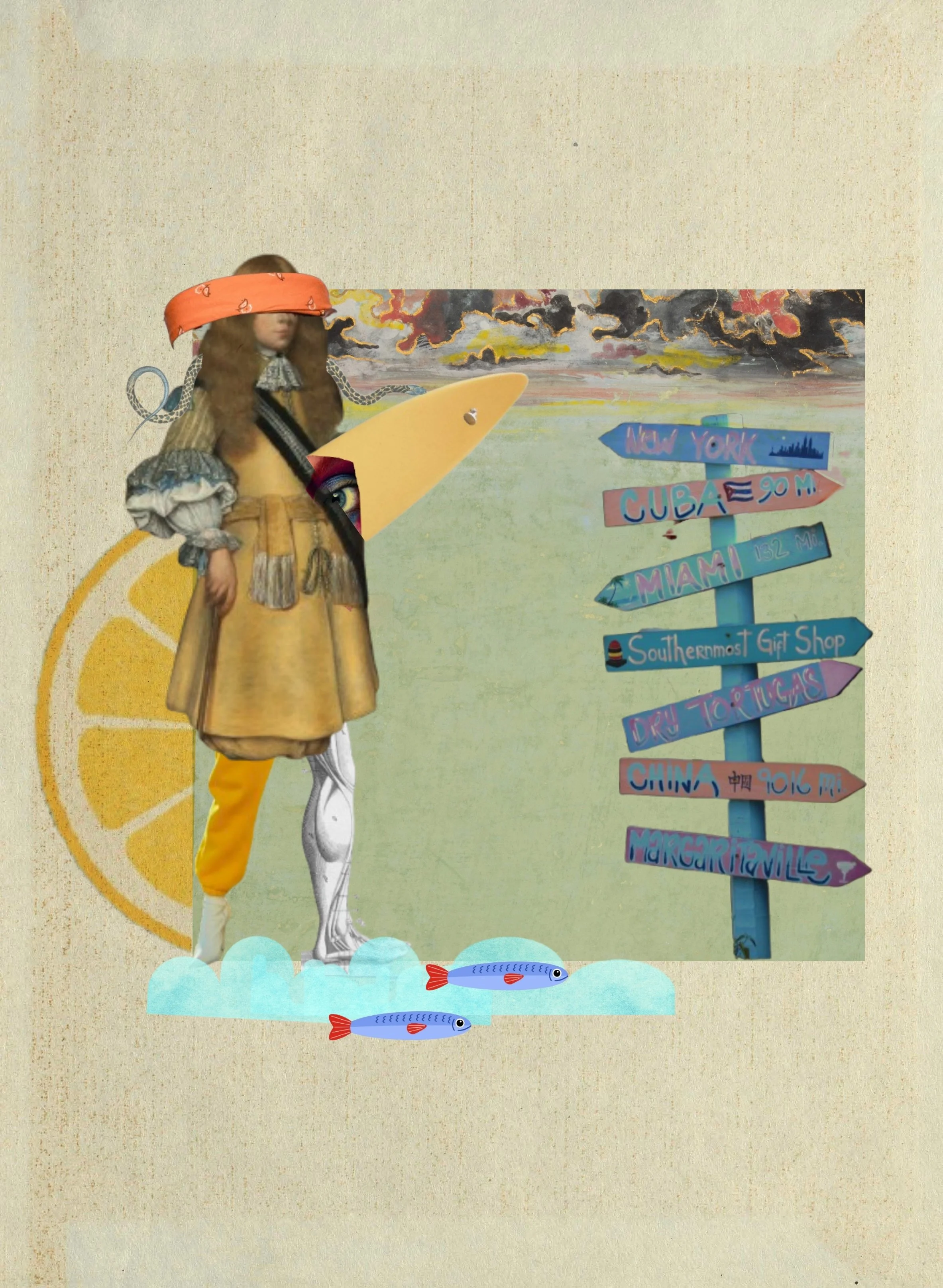 Collage of a person in a yellow dress holding a surfboard while standing in front of a post with multiple directional signs.