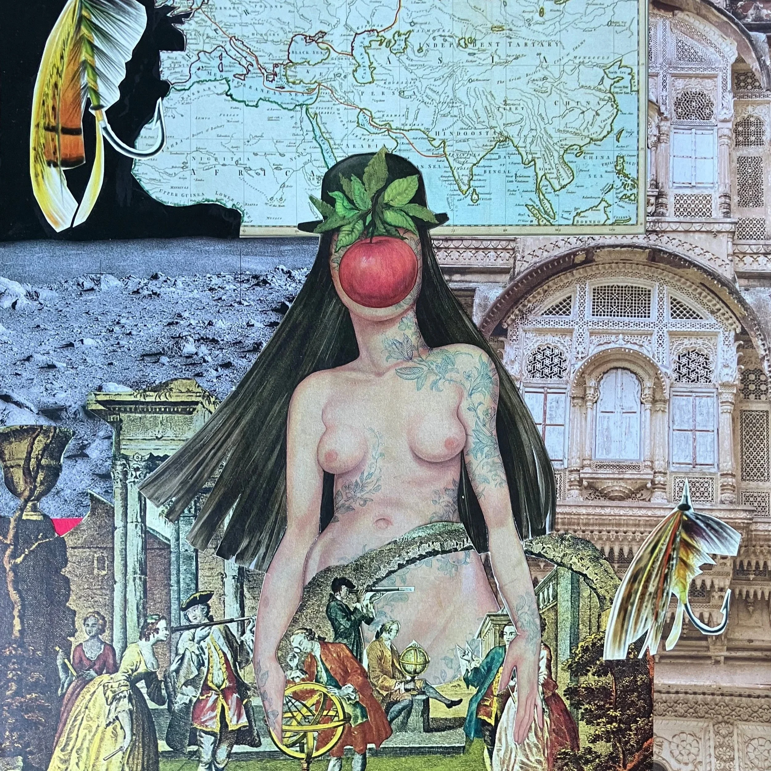 Multi-media art with nude torso of a woman whose face is covered by a large red apple. She is surrounded by architecture, a world map, fishing hooks, and people from other centuries.