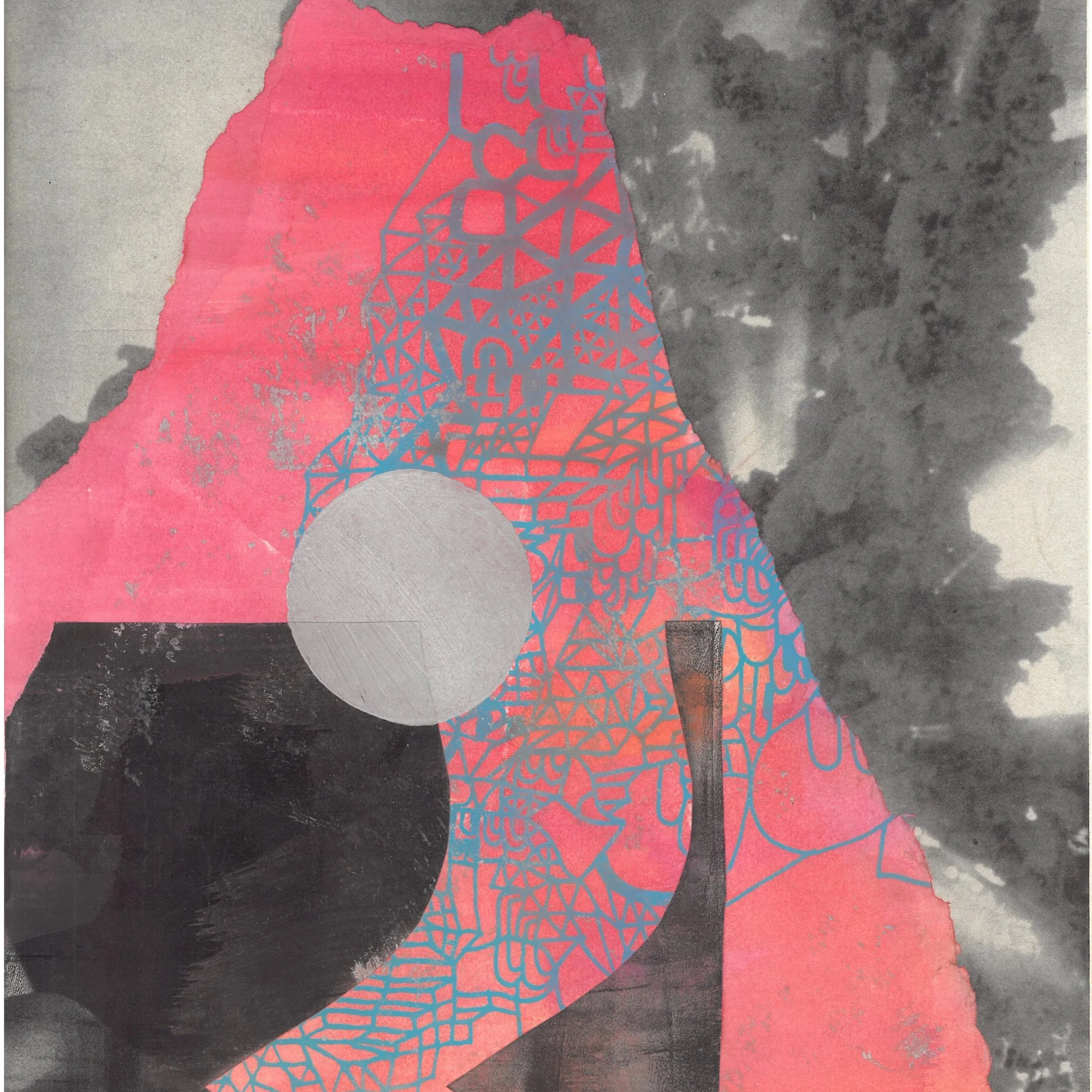 Black and white image of a volcanic eruption overlaid with pink lava flow containing light blue line