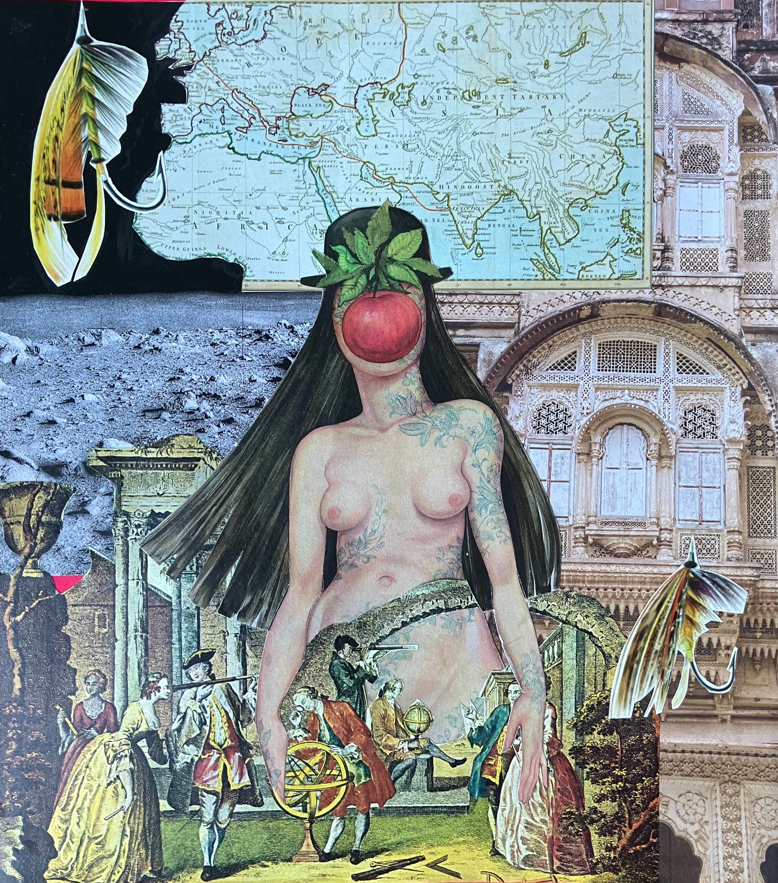 Multi-media art with nude torso of a woman whose face is covered by a large red apple. She is surrounded by architecture, a world map, fishing hooks, and people from other centuries.