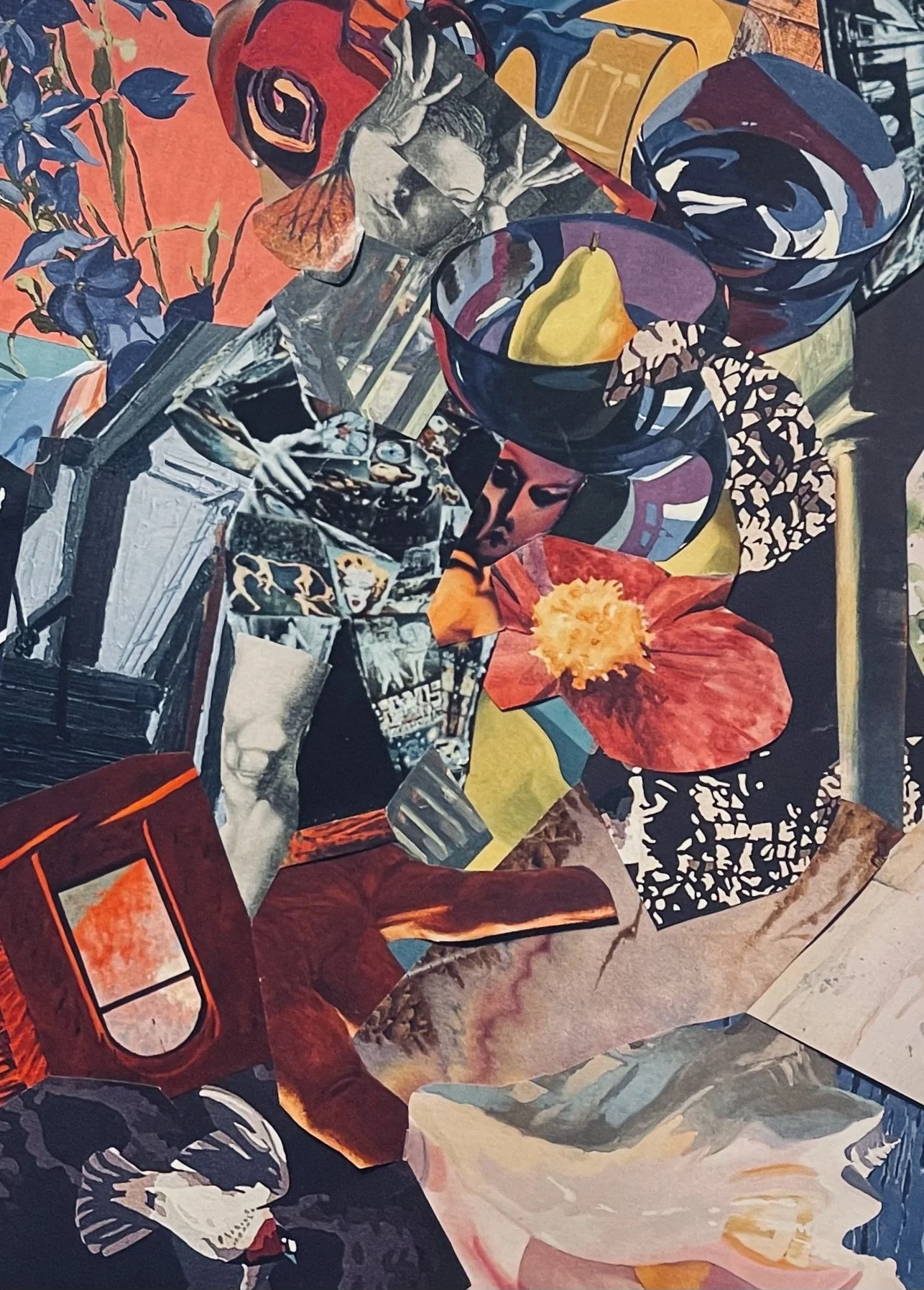Collage art that incorporates many images, including part of a human leg, partial human faces, a flying bird, a window, red and blue flowers, and a yellow pear in a blue bowl next to an empty blue bowl.