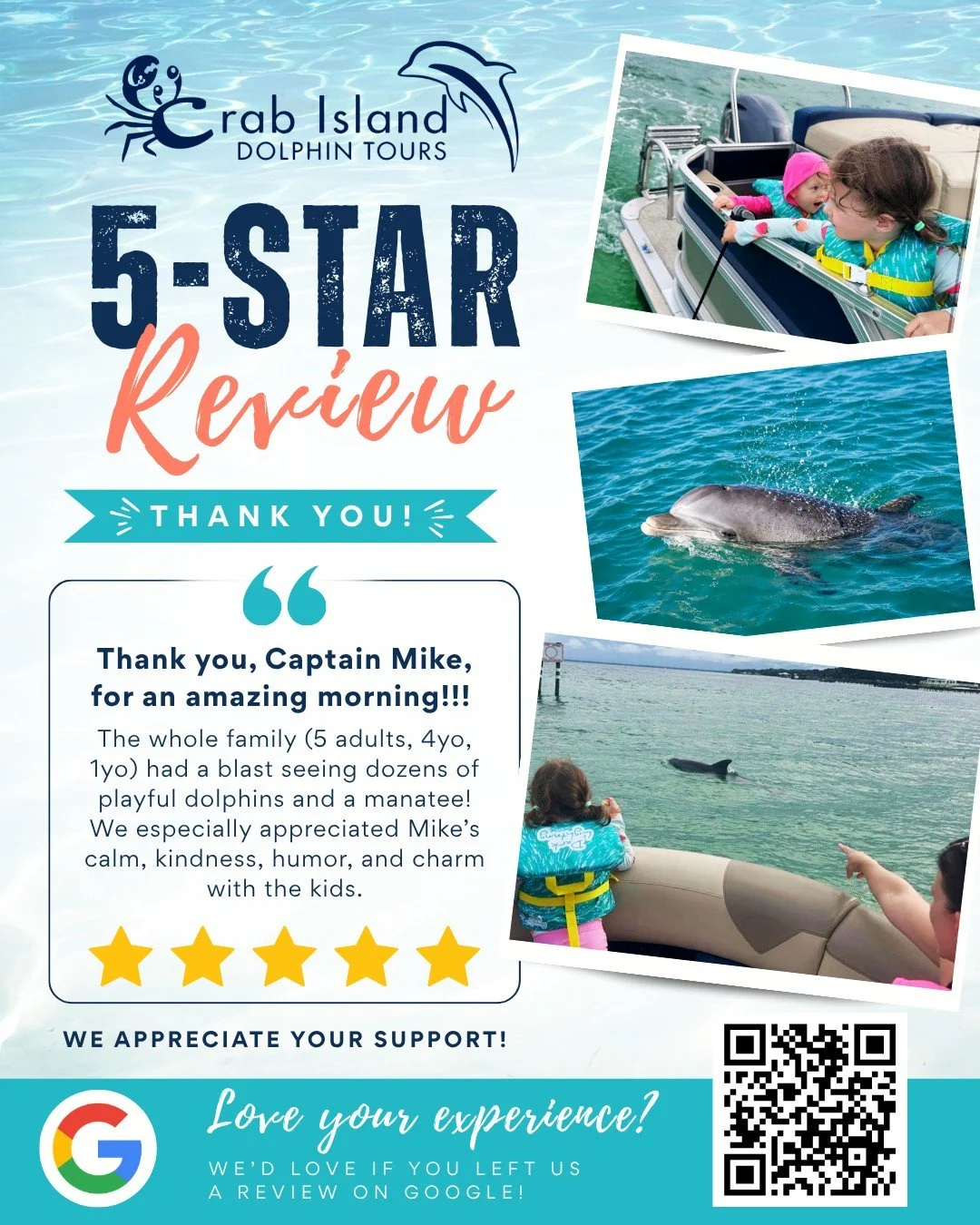 A private morning on the water, playful dolphins, a manatee, and a captain who makes the whole family feel comfortable from start to finish.

Ready to make your own Destin memories?

Book now at www.crabislanddolphintours.com or call 850 803 5466.

#
