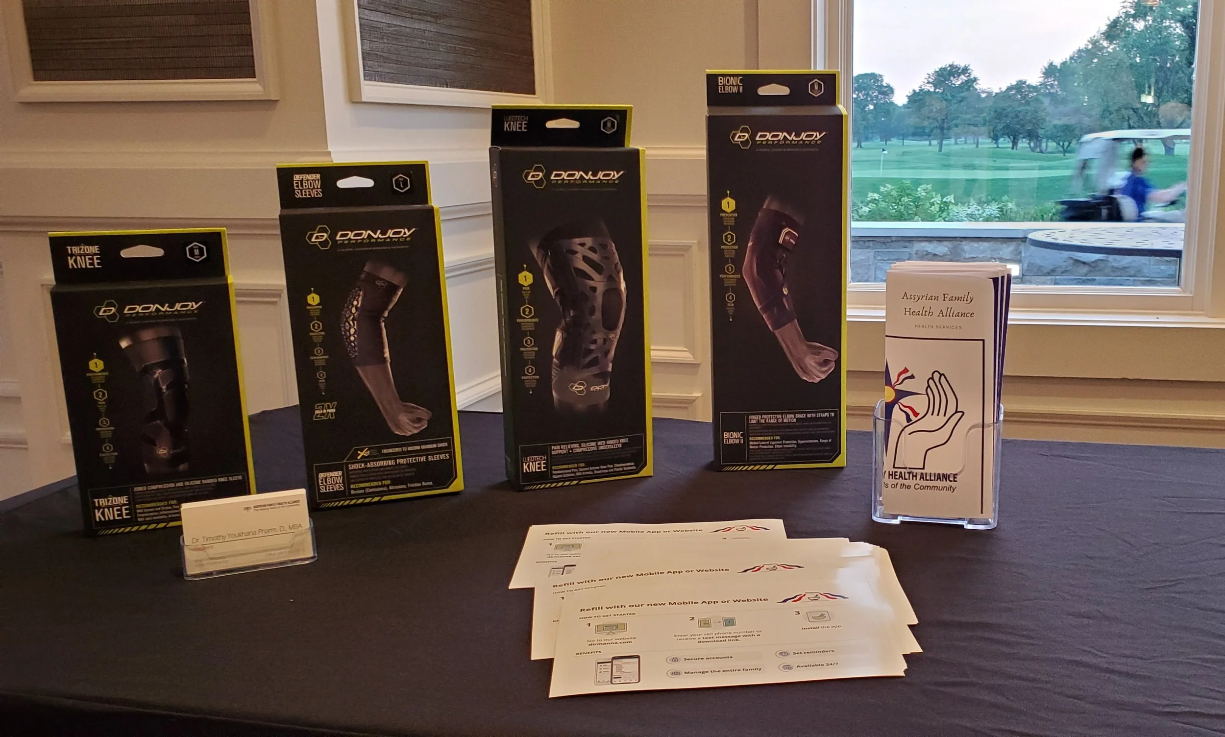 Our informational display showcasing the importance of durable medical equipment sportswear, as well as brochures on our drug screening and lab testing programs.