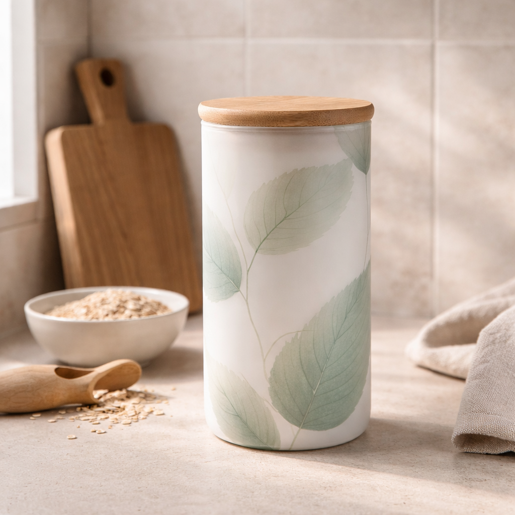 Silent Grove Glass Canister | Botanical Storage Jar with Bamboo Lid ...