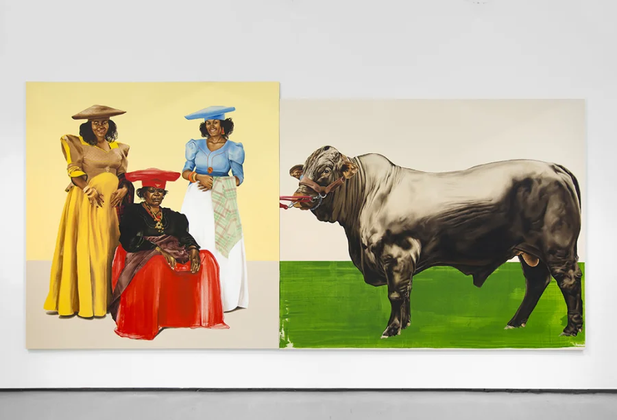 Meleko Mokgosi Democratic Intuition, Lerato: Philia I, 2016. Two panels: oil on canvas. 96 x 198 1/2 inches. © Meleko Mokgosi.
