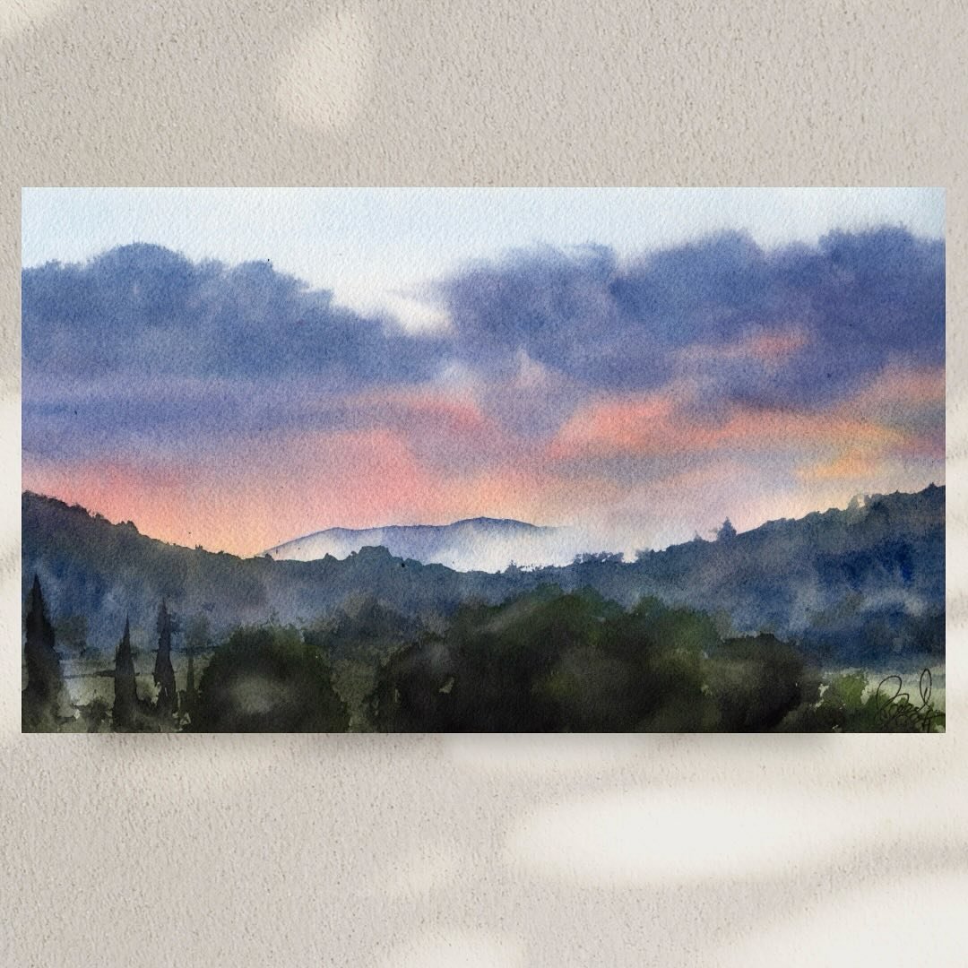 Misty sunset in the hills surrounding Beaumont-de-Pertuis, 7 x 12 inches
Available in my Etsy shop (link in bio)