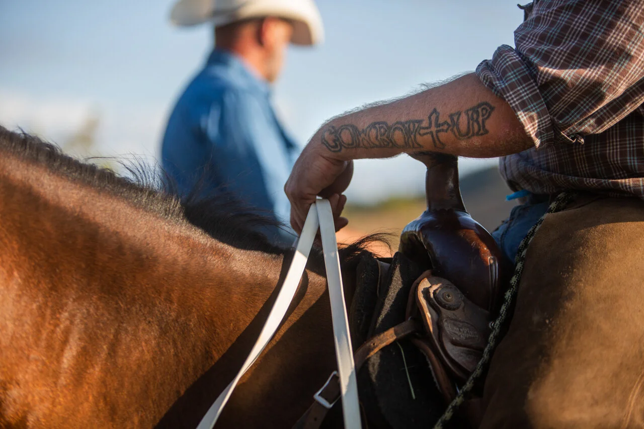  Charlie Musselman, known as C2, sits on the horse Notorious before the start of The Friendliest Train Robbery East of the Mississippi event on September 26, 2020. Musselman works at Smoke Rise Ranch outside of Murray City, Ohio and has worked there 