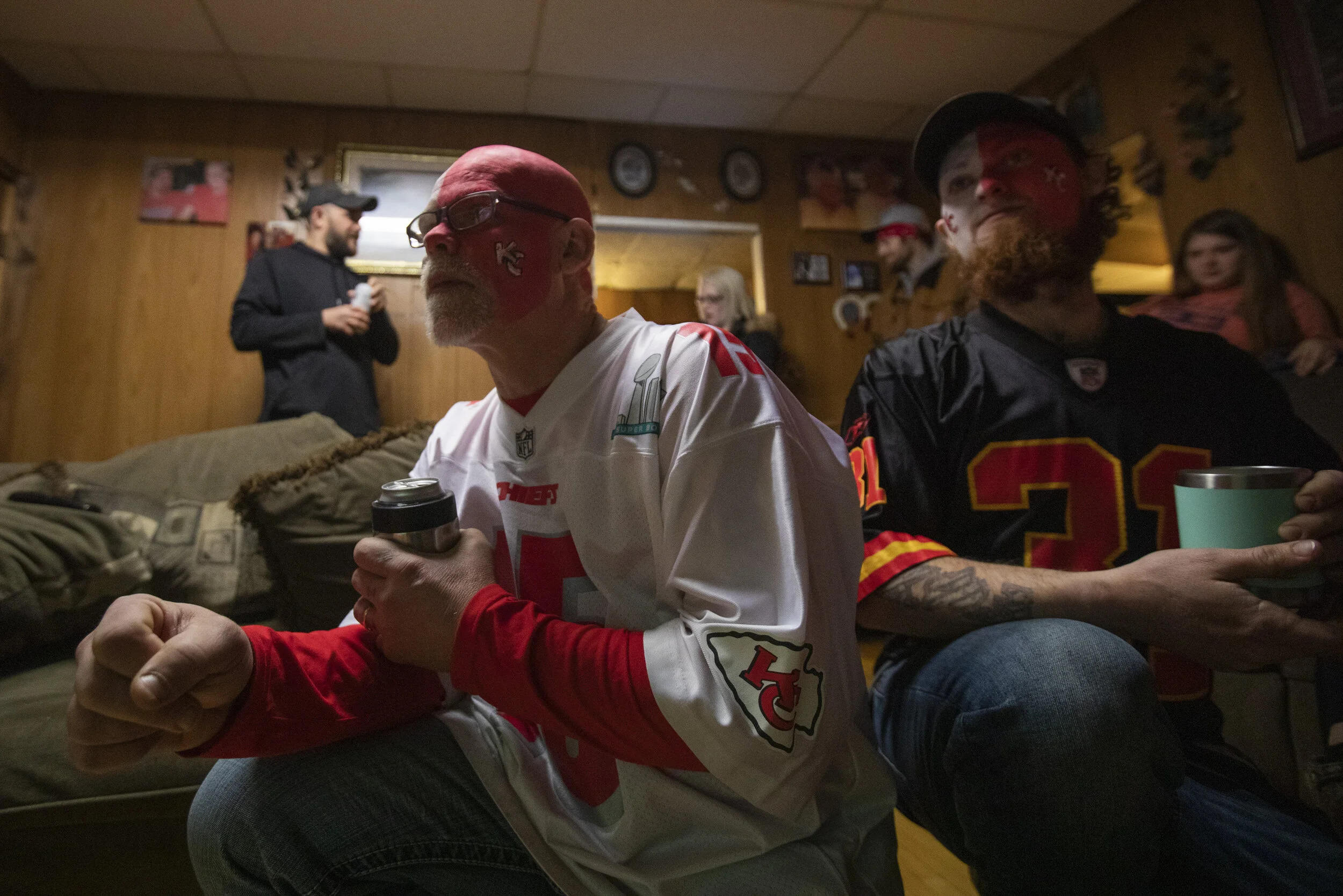  Danny Osborne, a lifelong New Marshfield resident, and Kody Cummings cheer for the Kansas City Chiefs while watching the Super Bowl on Sunday, February 7, 2021. Osborne's wife Tina Osborne said that Danny plans to be buried in his Derrick Thomas Chi