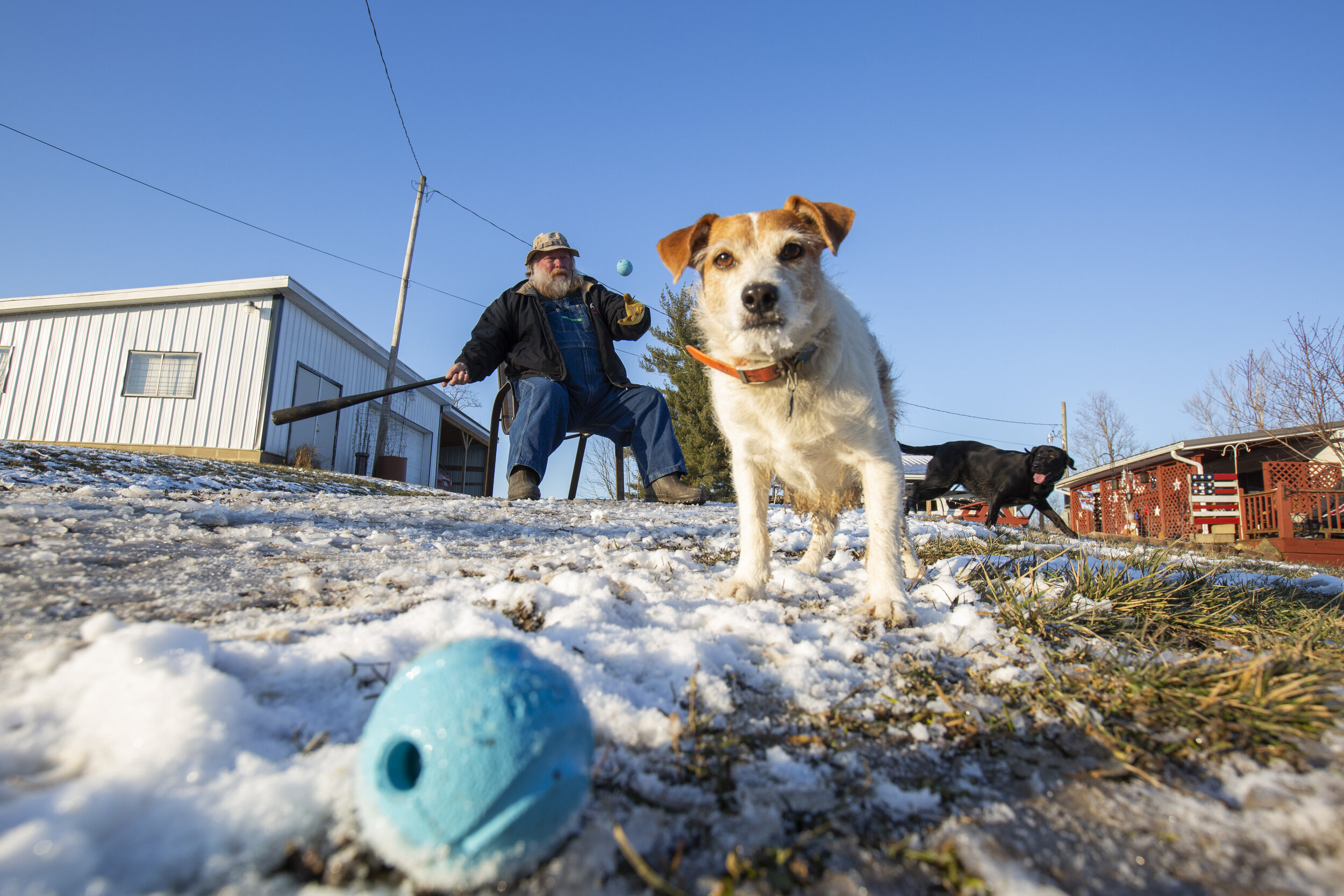  Paul Jones plays catch with his dogs Max and Winnie in his front yard on Friday, January 29, 2021. Jones often sits outside to play with his dogs in his front yard but said some residents walk the streets of New Marshfield with bats or sticks to fig