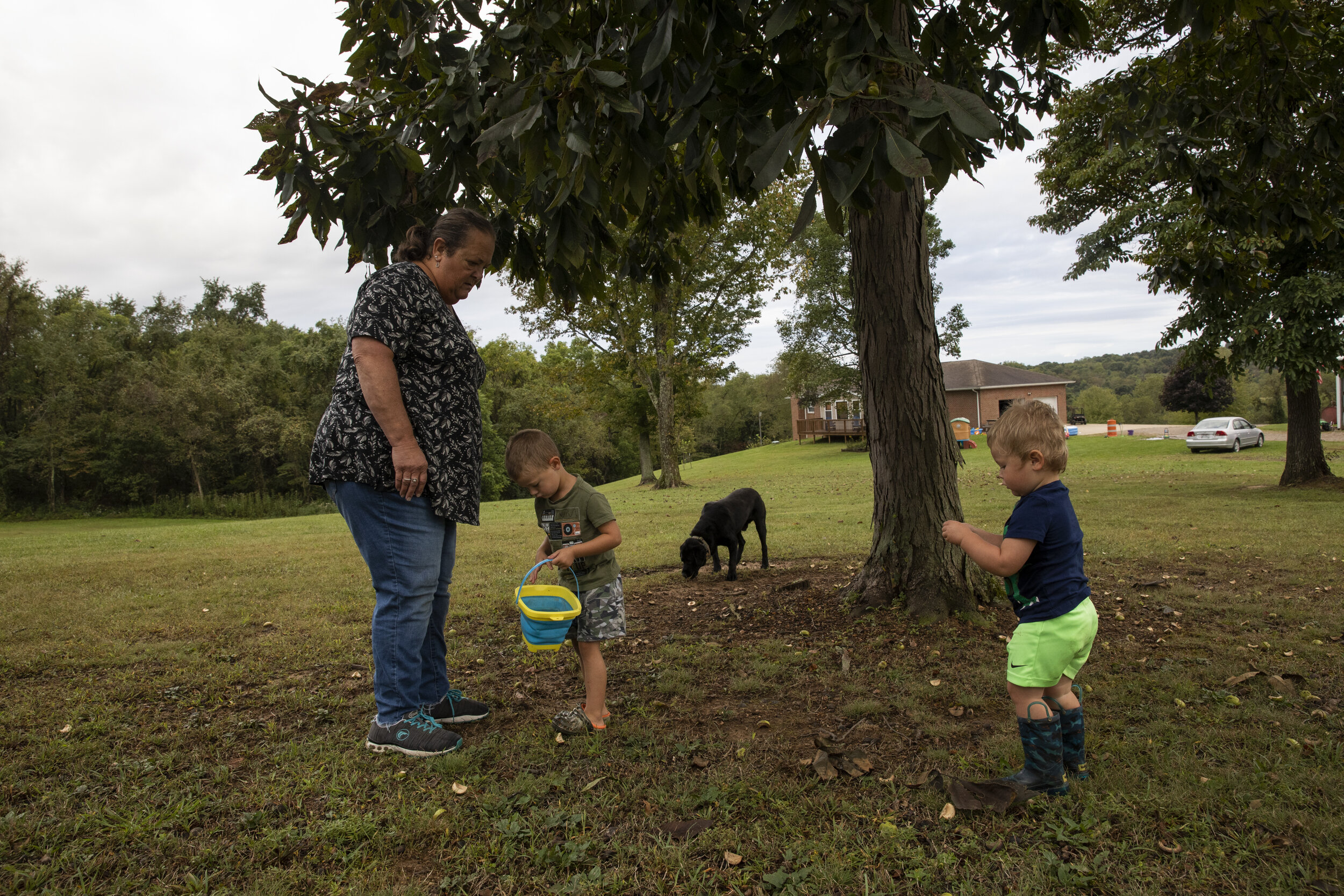  Danita McLaughlin watches as Silas and Mangus Shaulis look for hickory seeds with their dog Chief outside of her daughter Melanie's home in Albany, Ohio, on Sept. 23, 2021. The boys love to play outside and it's often a challenge for Danita to keep 
