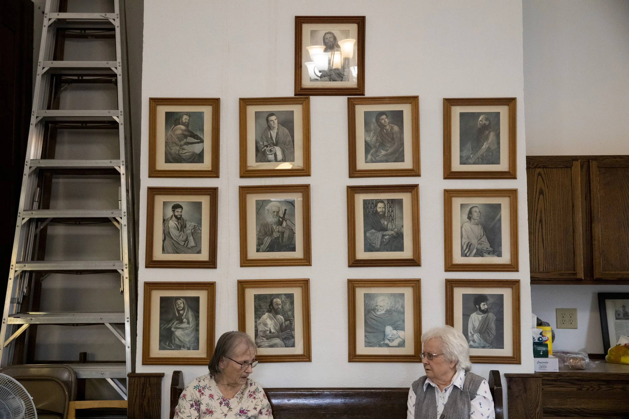  Myrtle Gabriel, left, and Karen Frost talk to each other prior to the start of the Sunday morning service at Stewart Methodist Church in Stewart, Ohio. 