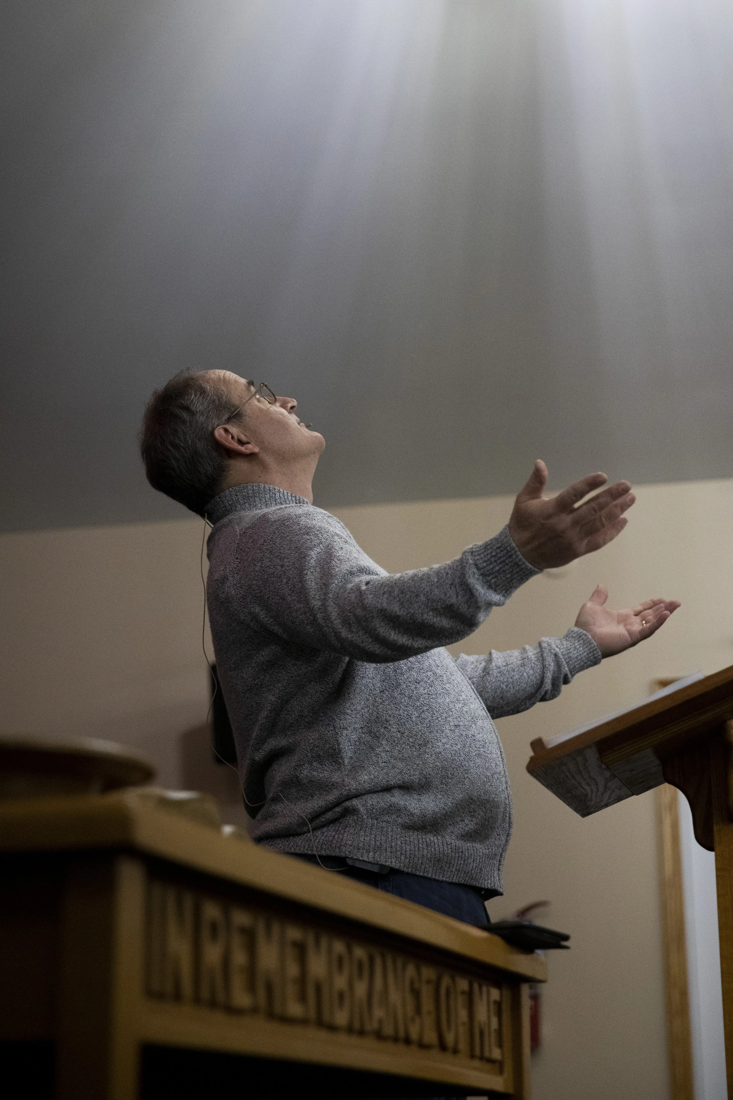  After asking a question during a Wednesday Bible study session, Pastor Richard Eaton acts out The Ascension of Jesus, when Jesus went to heaven, to try and get participants to guess the right answer at Vanderhoof Baptist Church. Eaton, who is also a