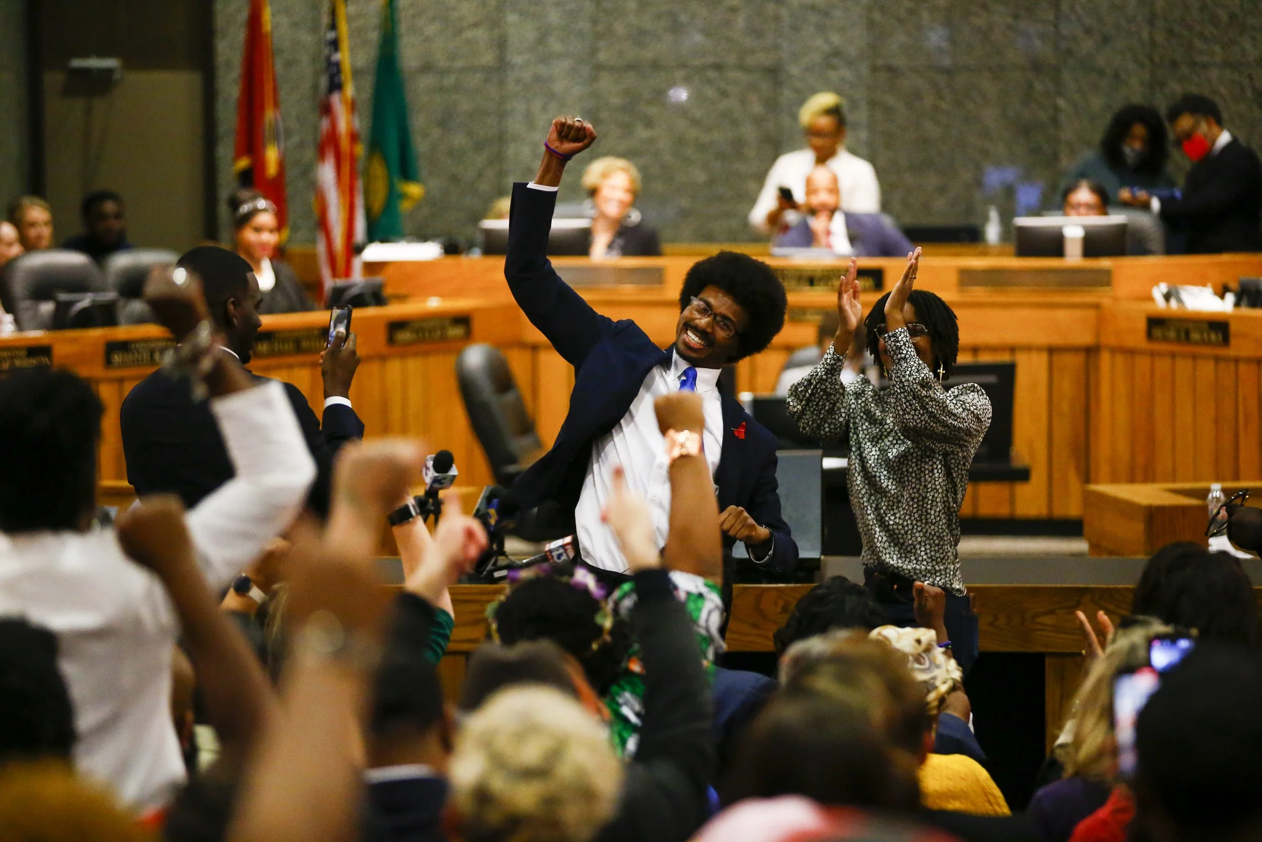  Justin Pearson celebrates with supporters after being reinstated to the the Tennessee House of Representatives by the Shelby County Board of Commissioners in Memphis, Tenn., on Wednesday, April 12, 2023.   