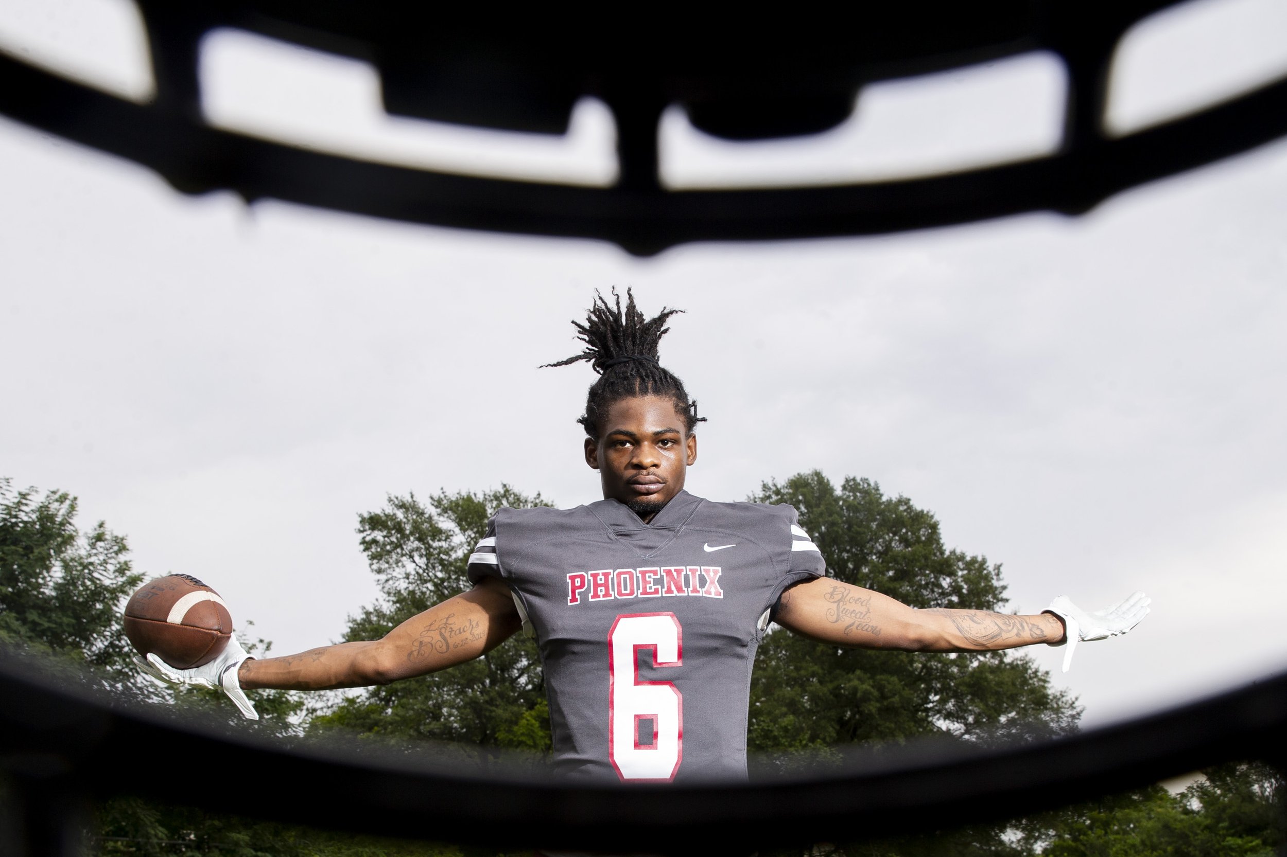  Memphis Academy of Science and Engineering’s Kumaro Brown poses for a portrait on their practice field in Memphis, Tenn., on Wednesday, August 9, 2023.  