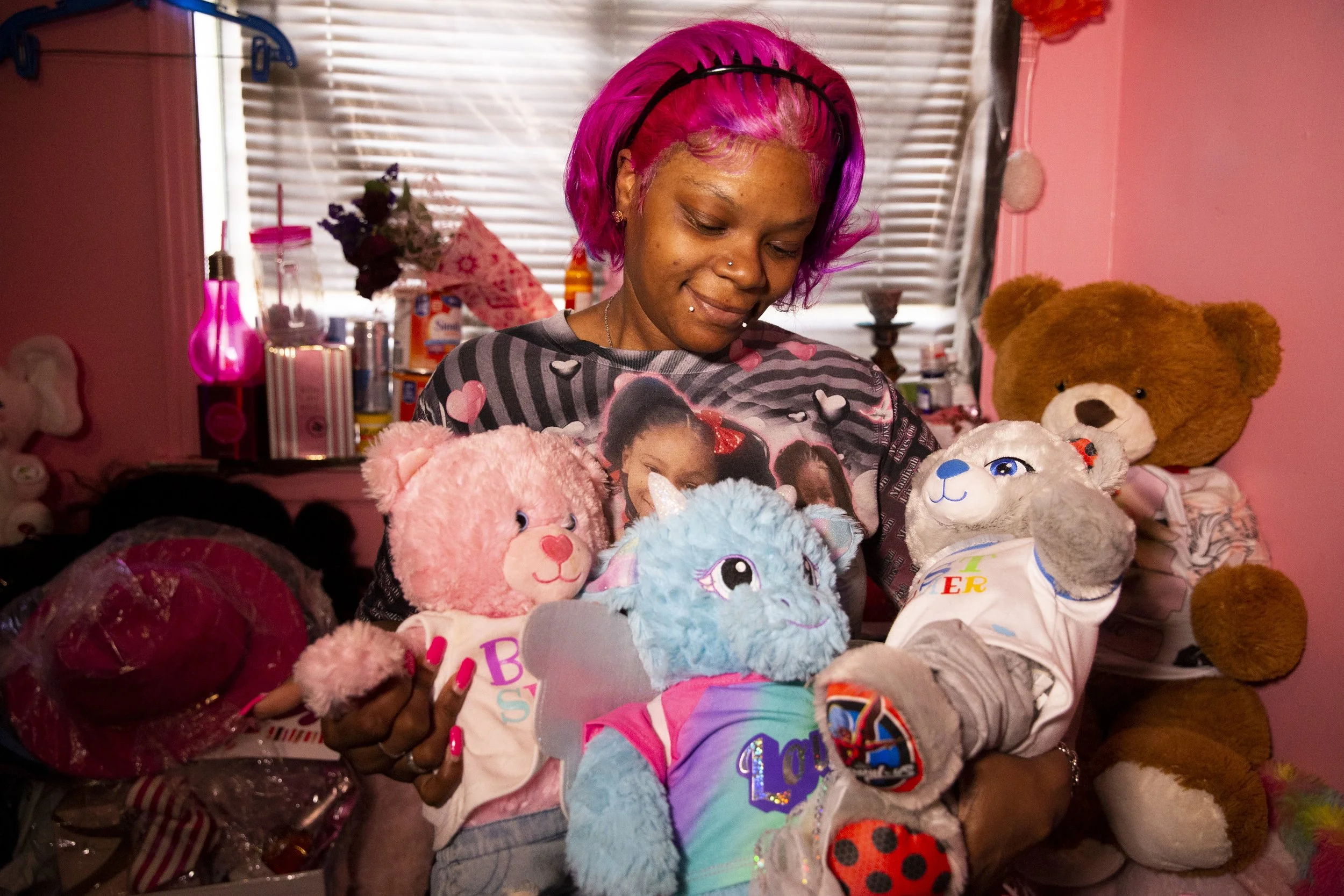  Christina Williamson poses for a portrait holding stuffed animals that contain the voice of her nine-year-old daughter Maaliyah Williamson, who was shot and killed on Mother’s Day when her brother found a gun in the glove compartment of a family fri