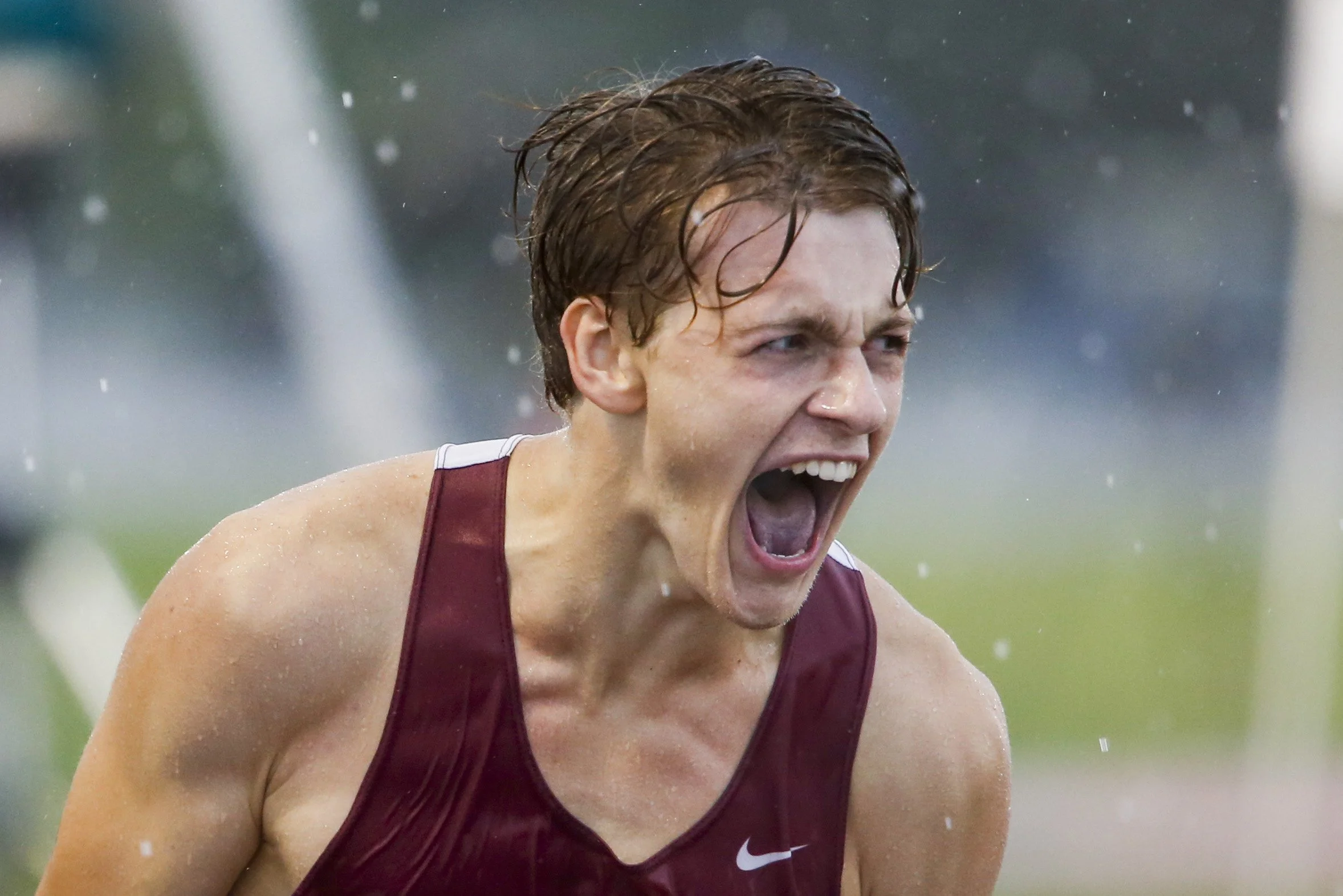  Oak Ridge’s Mason Greenhalgh reacts after coming in first place in the boys 800 meter run during the Class AAA track and field TSSAA state championship at Middle Tennessee State University in Murfreesboro, Tenn., on Thursday, May 23, 2024.  