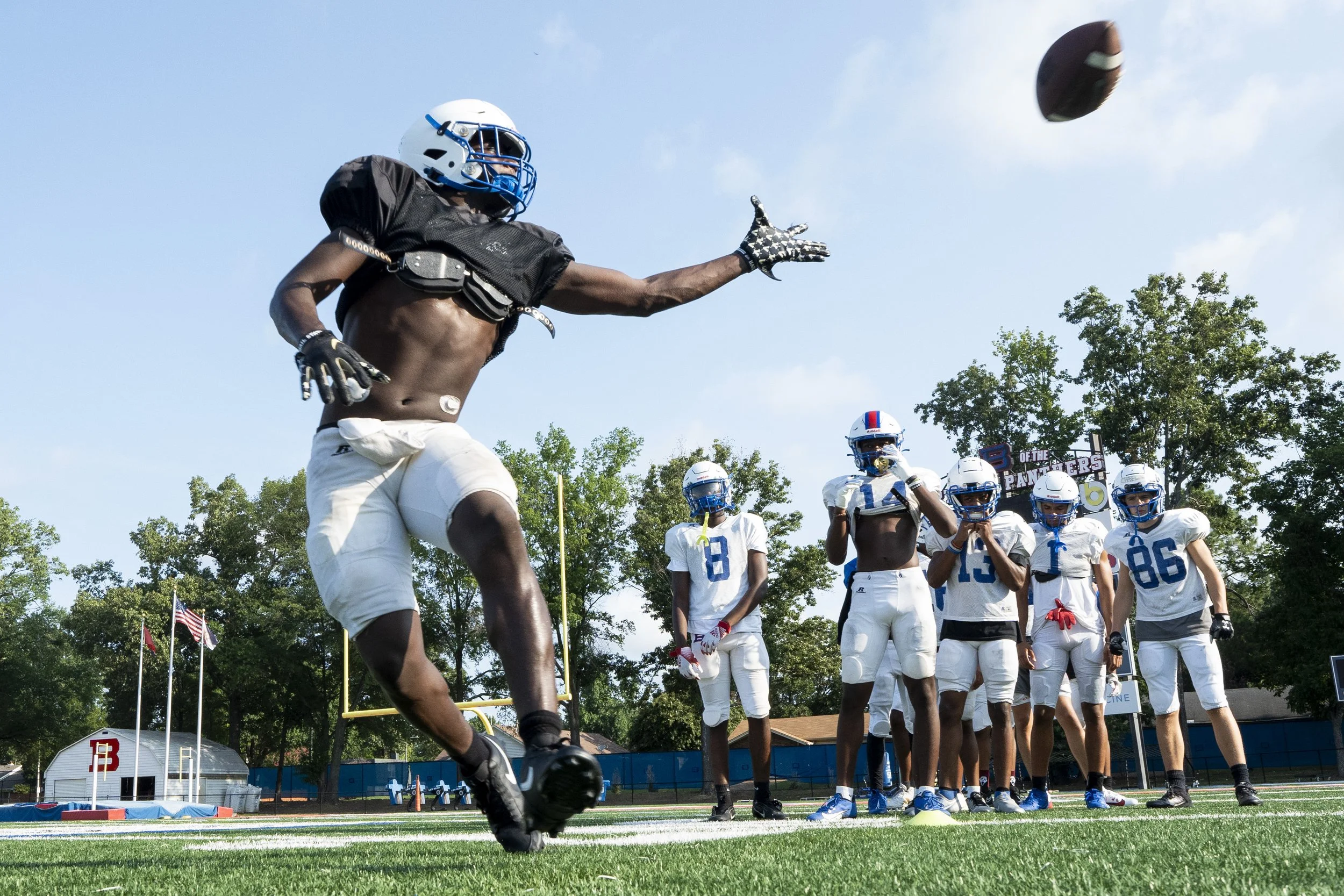 Bartlett’s Austin Howard runs a drill during the first practice with full pads at Bartlett High School in Bartlett, Tenn., on Monday, July 29, 2024.  