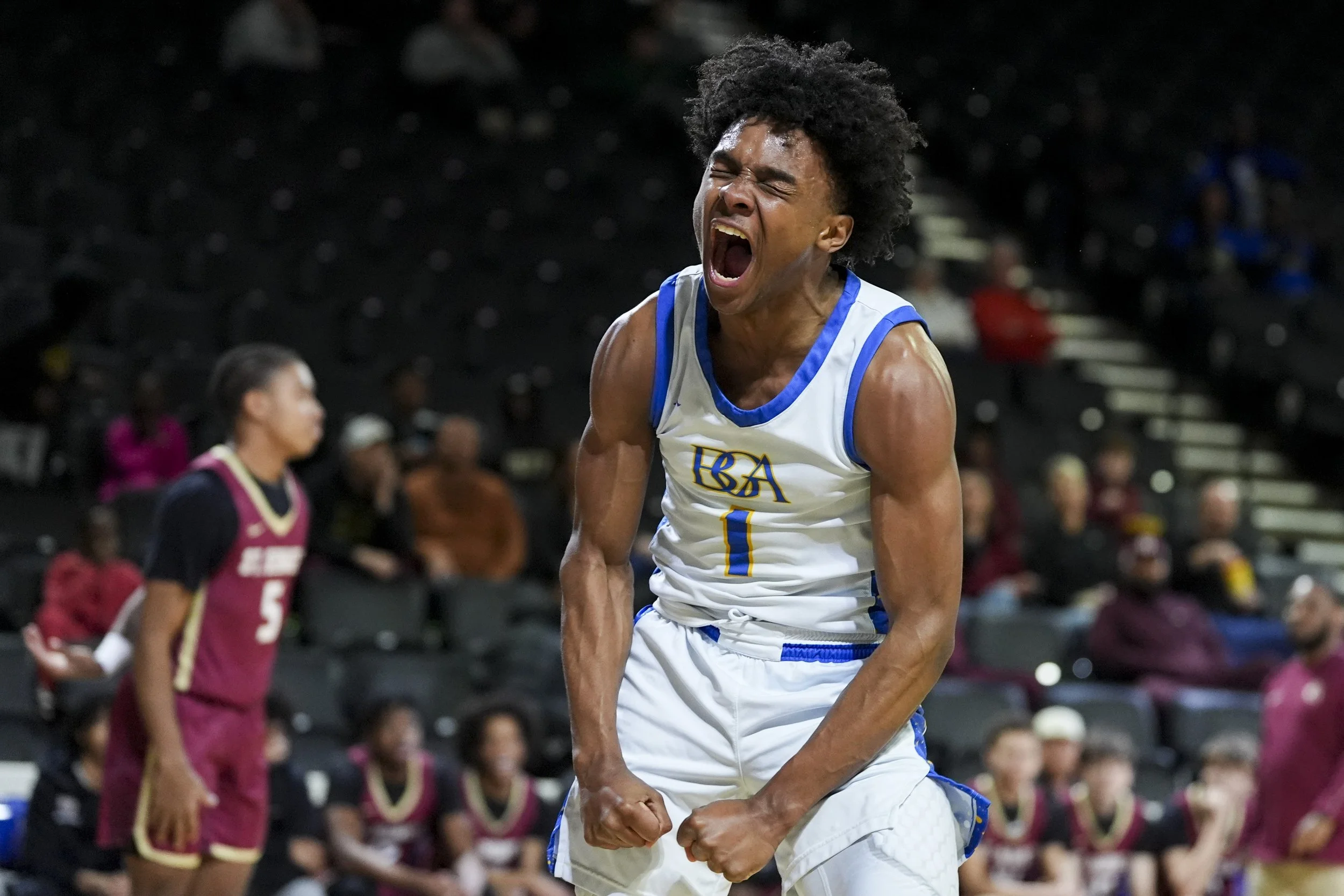  BGA’s Greyson Williams (1) reacts after scoring and drawing a foul during a Division II-A semifinal game at Tennessee Tech University’s Hooper Ebler Center in Cookeville, Tenn., on Thursday, March 6, 2025.  