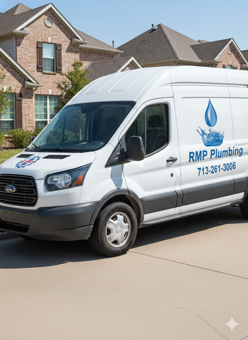 White plumbing service van parked in driveway of a suburban house. The van has blue water drop logo and text that reads 'RMP Plumbing' with a phone number.