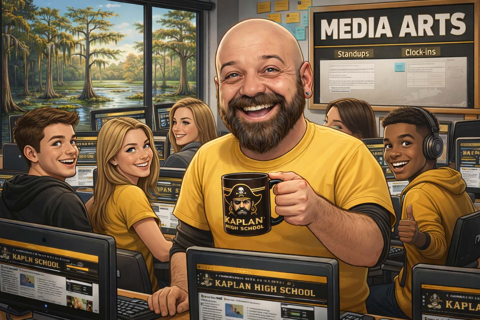 Jonathan Gaspard is treaching a group of students Media Arts sporting the school colors of black and gold with a pirate mug. Standups & Clock-Ins are written on the board.
