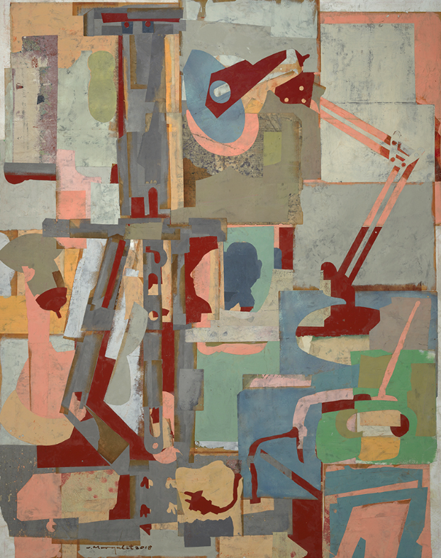 lamp and easel , 38 x 48 inches, encaustic collage on canvas, $7,500.
