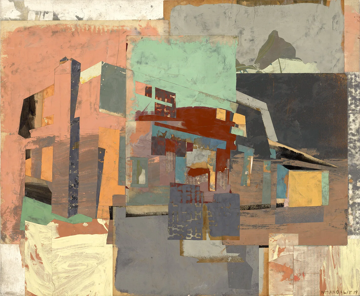 house I, 20 x 24 inches, encaustic collage and mixed media on canvas, $4,500.