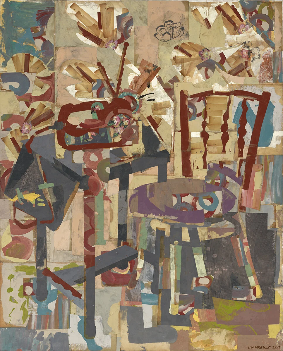 double portrait with radio, 48 x 38 inches, encaustic collage and mixed media on canvas, $7,500.