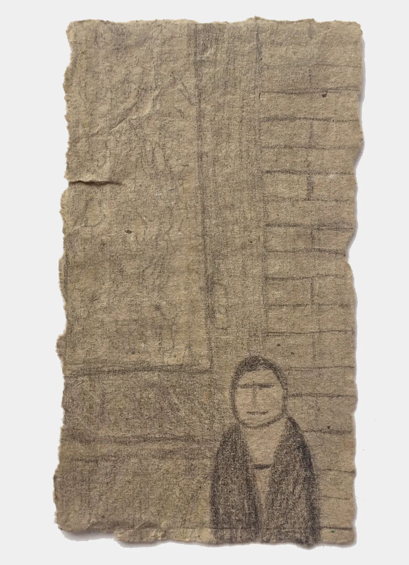 six - 5” x 2 7/8”, ink, color pencil, charcoal on found cardboard, $175.