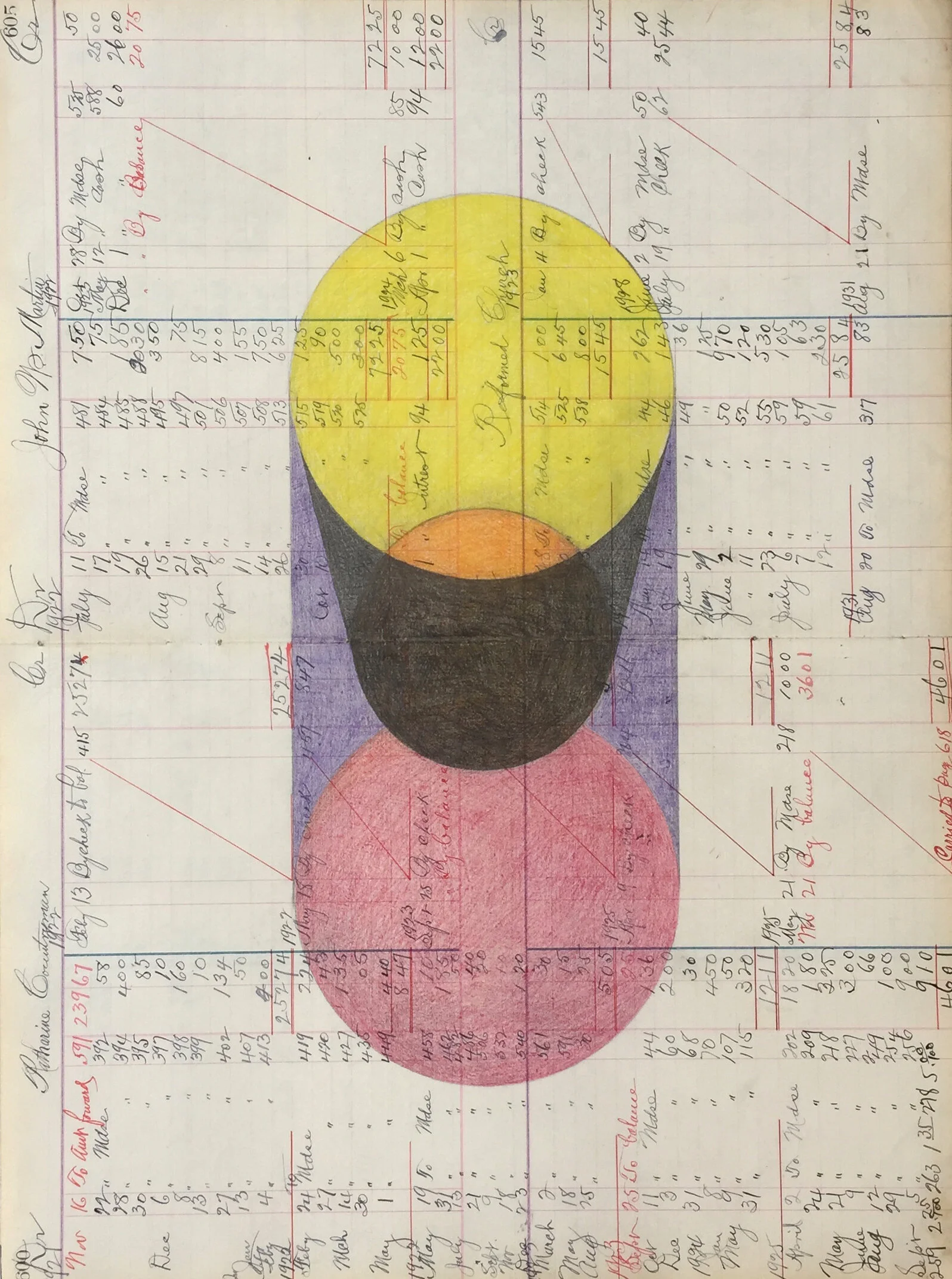 #21 - 22.75” x 15.75”, graphite and colored pencil on vintage ledger sheet. $600.
