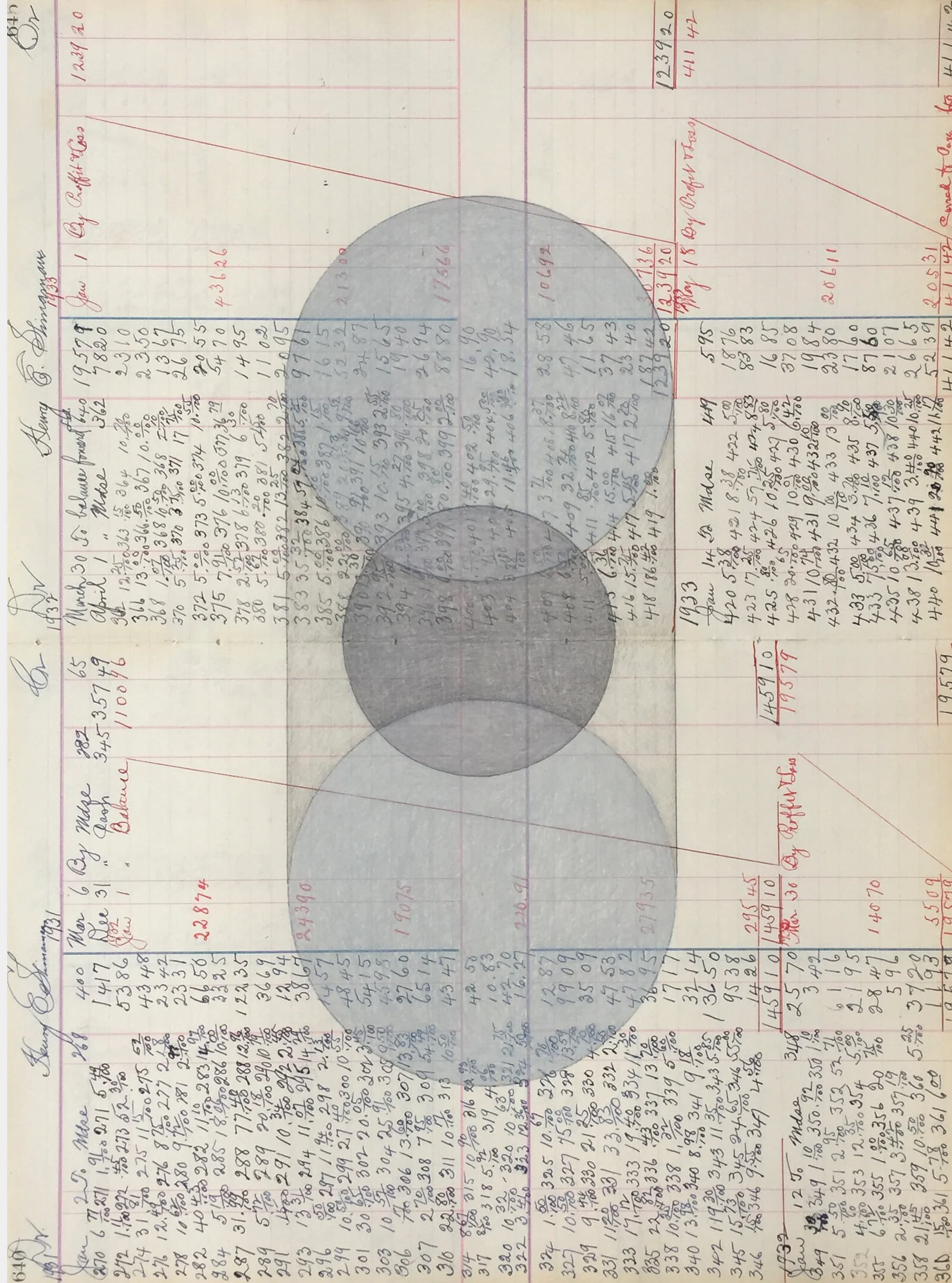 #20 - 22.75” x 15.75”, graphite and colored pencil on vintage ledger sheet. SOLD