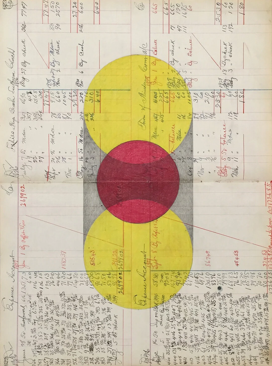 #19 - 22.75” x 15.75”, graphite and colored pencil on vintage ledger sheet. $600.