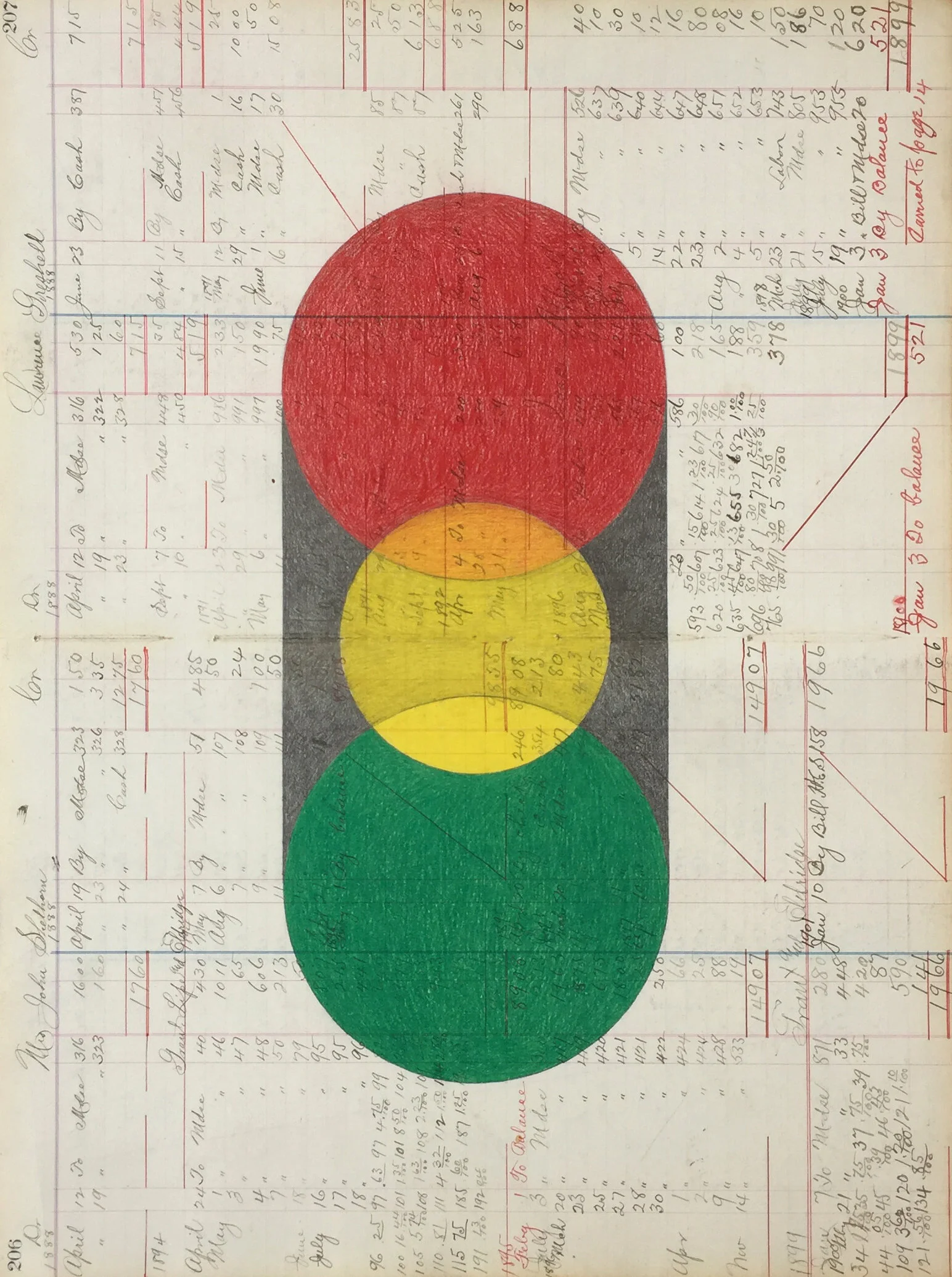 #22 - 22.75” x 15.75”, graphite and colored pencil on vintage ledger sheet. $600.