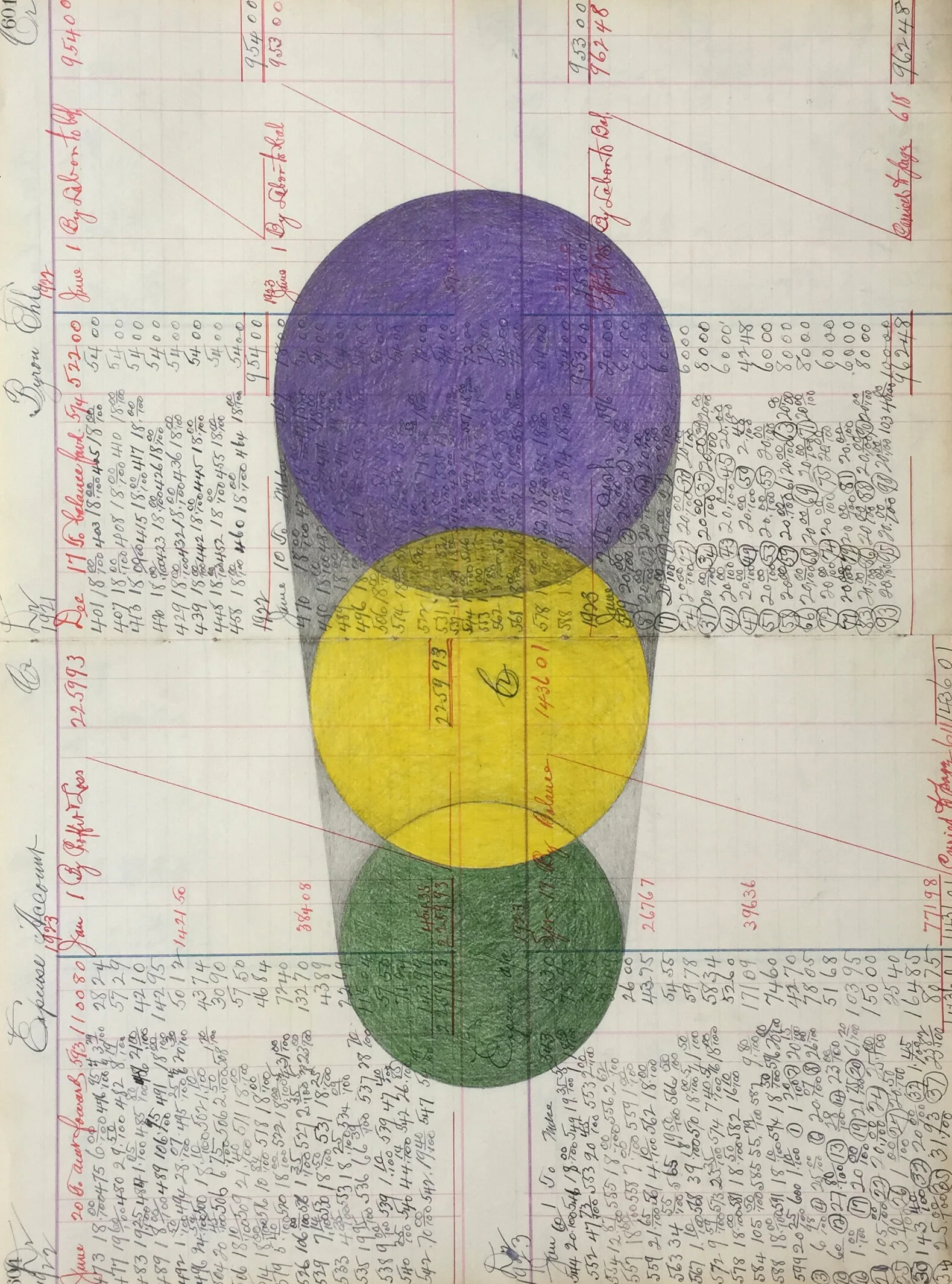 #23 - 22.75” x 15.75”, graphite and colored pencil on vintage ledger sheet. .