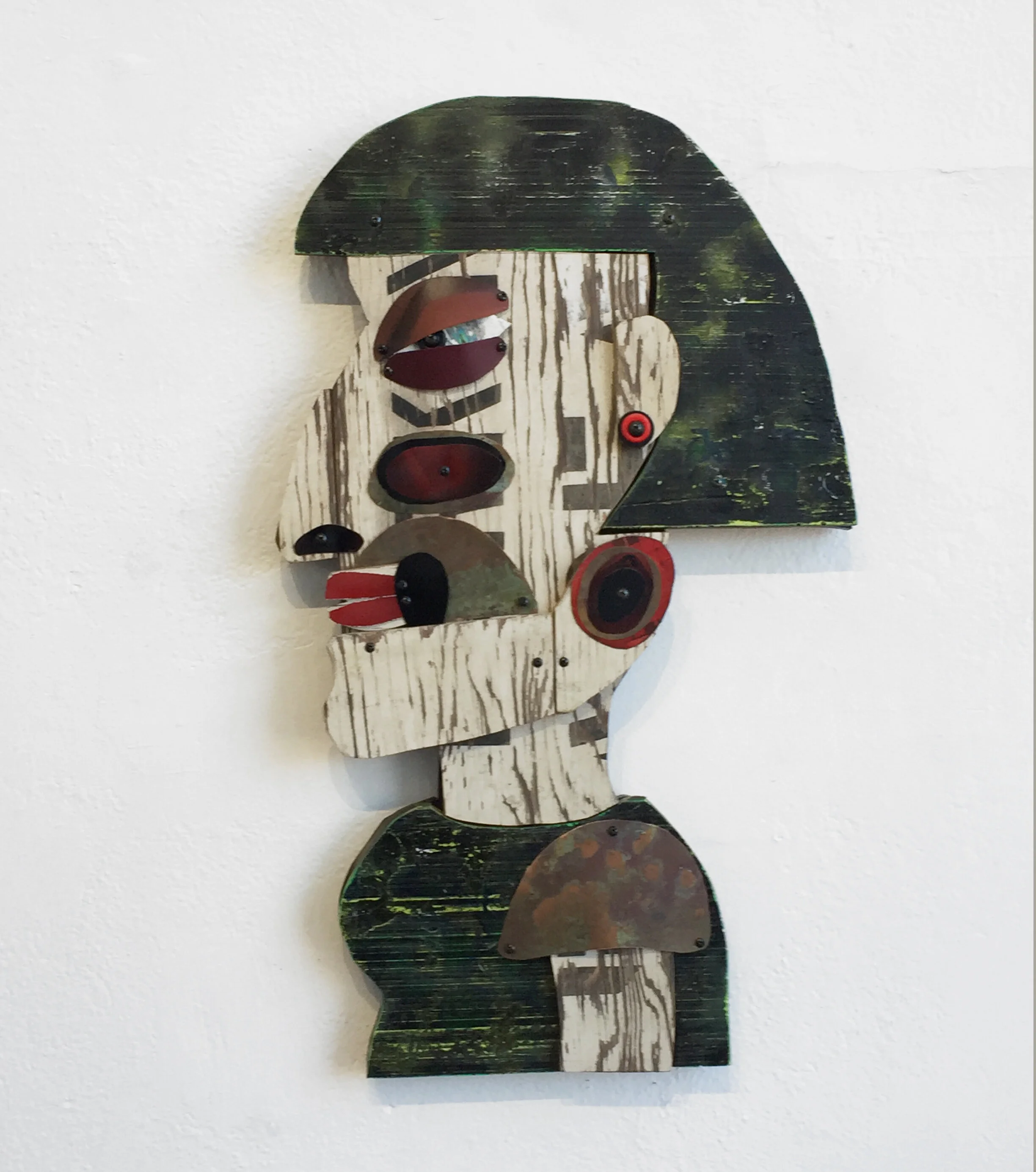portrait of madam s - 26” x 17” x 3”, reclaimed wood sign, copper, painted metal. $450.