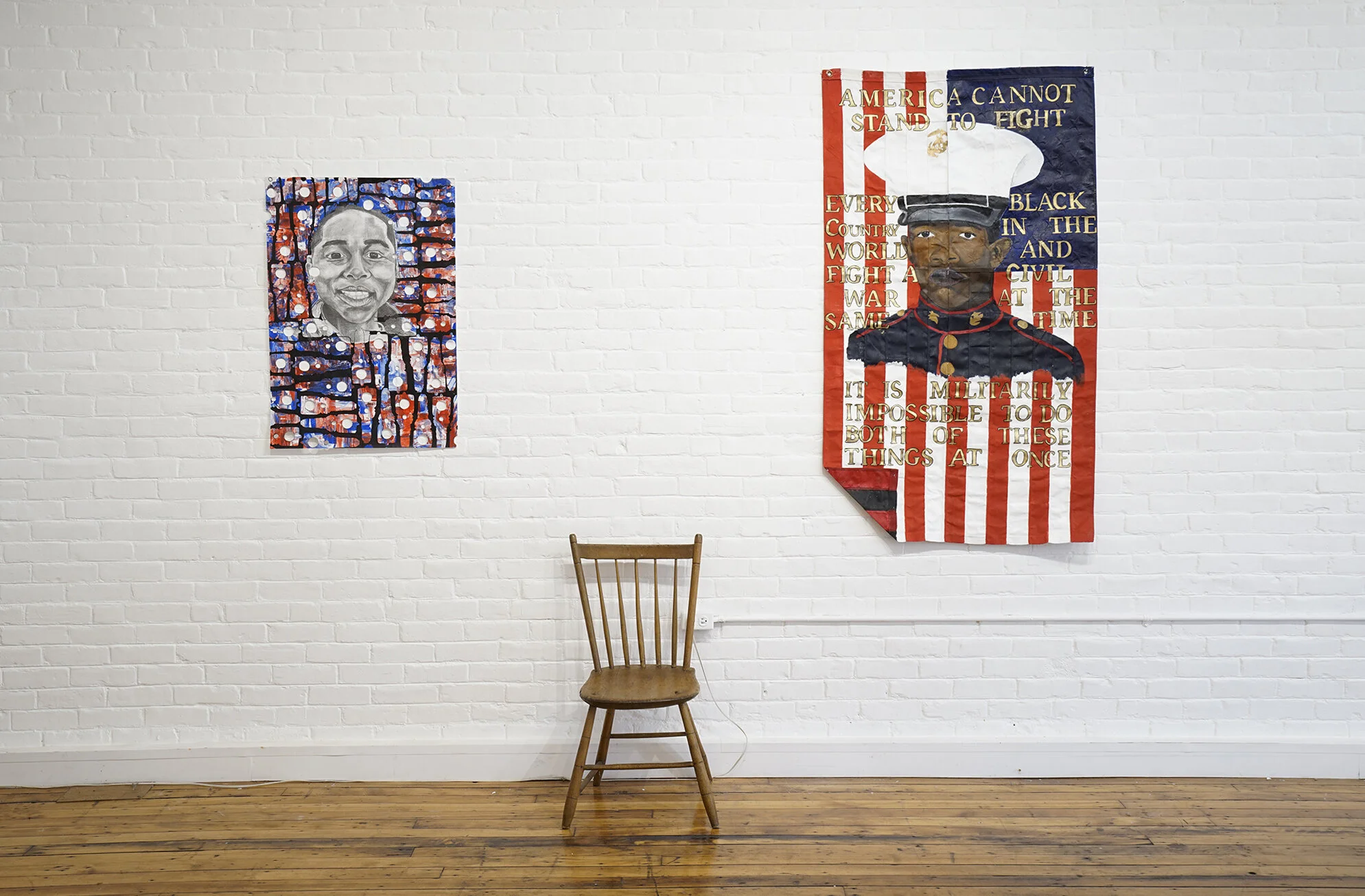 on the left: #Nomorehashtags - TAMIR. graphite and acrylic on paper. 35” x 24”. on the right: If All Black Men Were Pacifists - SEVEN - acrylic on american flag. 61” x 35”