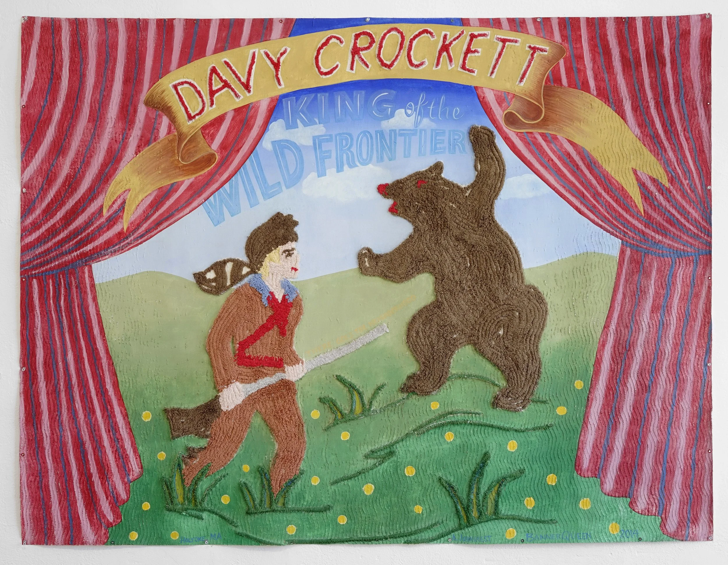 There Goes the Neighborhood - 68” x 52”, casein & acrylic on vintage chenille Davy Crocket bedspread. $3,600.