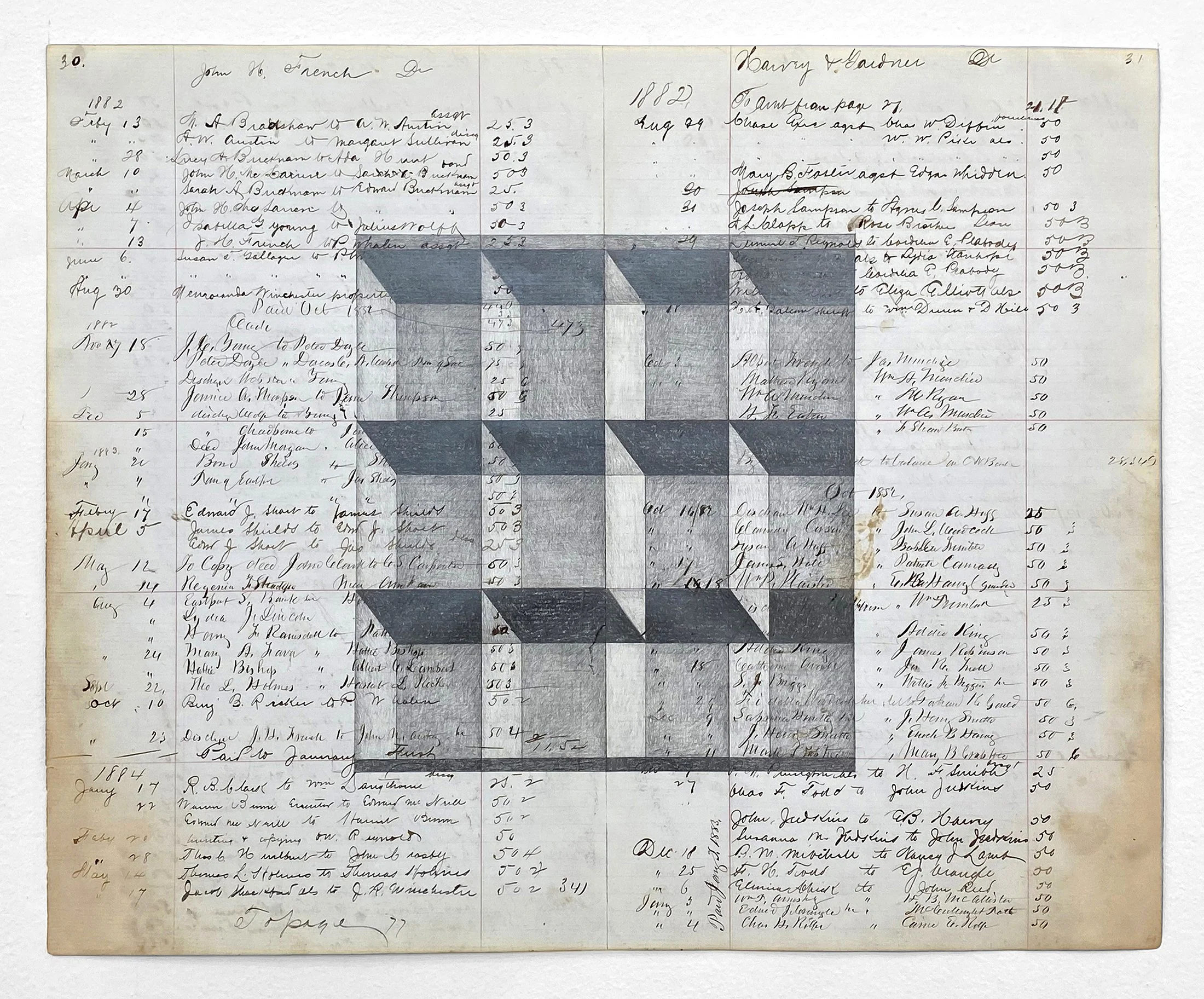 #9 - 13 3/8” x 17 1/2”, graphite on antique ledger paper, 2022. $500.