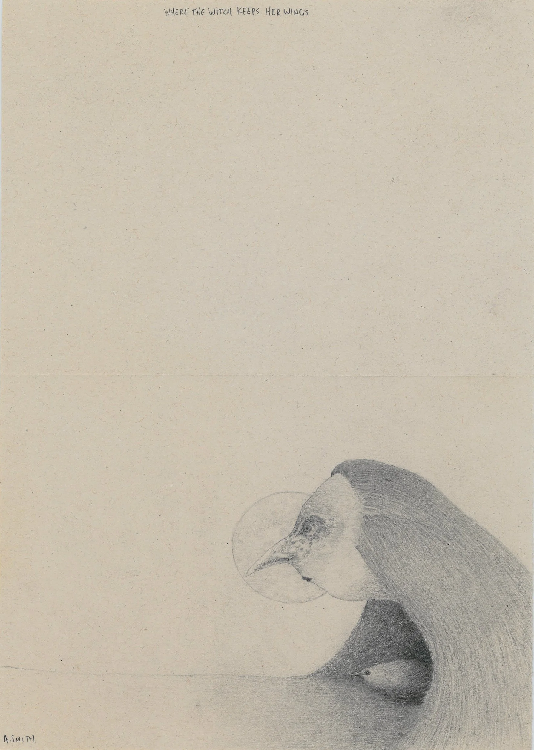 Where The Witch Keeps Her Wings - 8 1/4” x 5 7/8”, graphite on paper, $300.