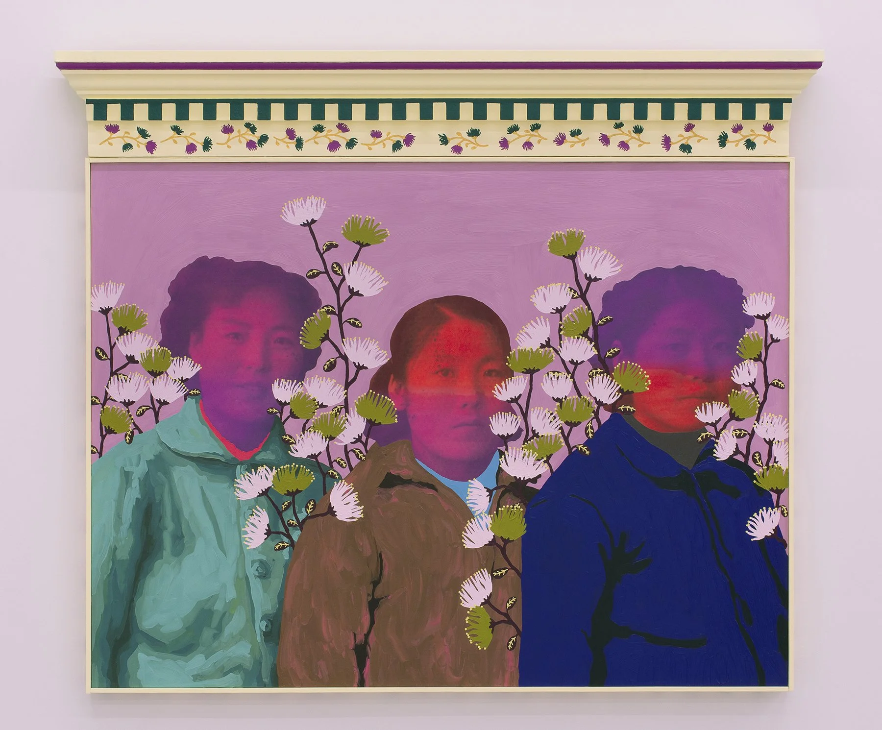 Untitled (Three Color Fade Women with Power Puff Flowers) - 36.5” x 40.5”, Oil on archival print mounted to panel, 2022. Photo sourced from Beijing, China.