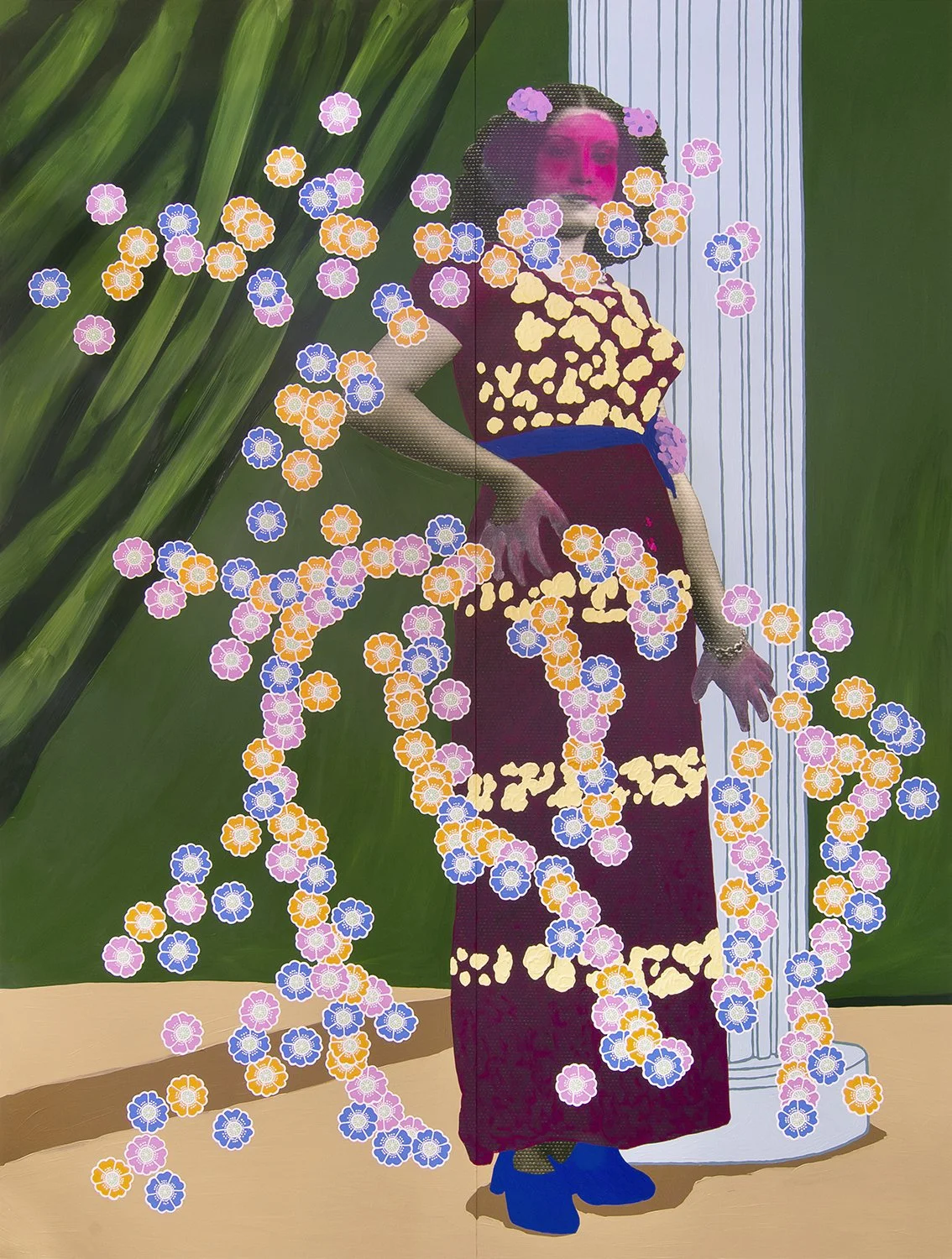 Untitled (Magenta Woman with Column and Multi-Colored Flowers) - 80” x 60”, Oil on archival print mounted to panel, 2020. Photo sourced from Cairo, Egypt. $17,000.
