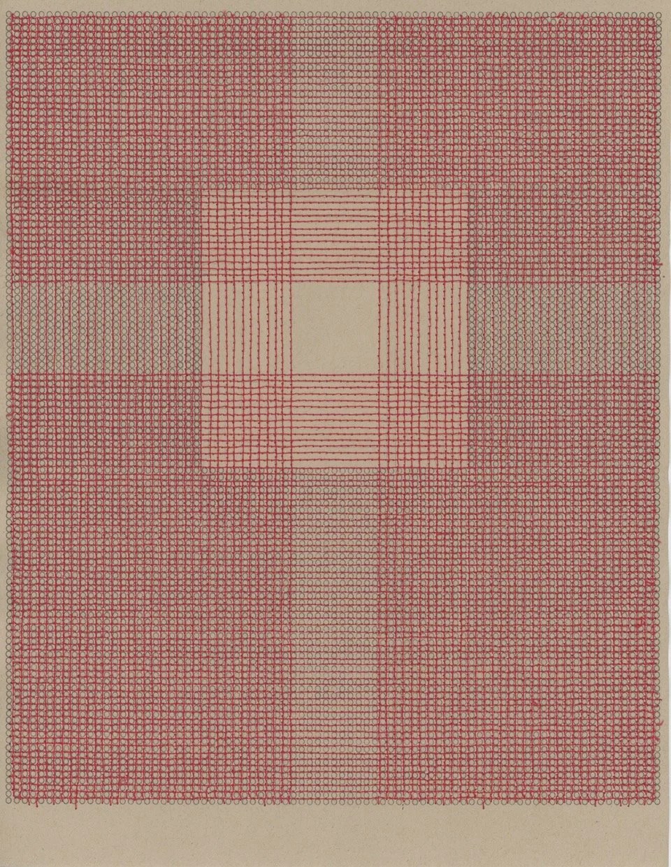 #2023-00611 11” x 8.5”, typewriter ink, red thread on craft paper, Olympia SM9 typewriter, framed. $1,100.