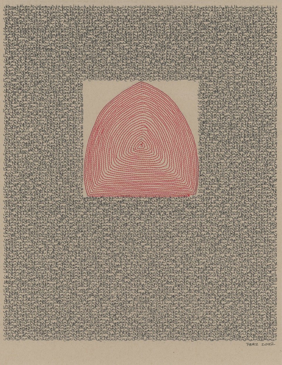 #2023-00613 11” x 8.5”, typewriter ink, red thread on craft paper, Kovac typewriter, Farsi/Arab, framed. $925. sold.